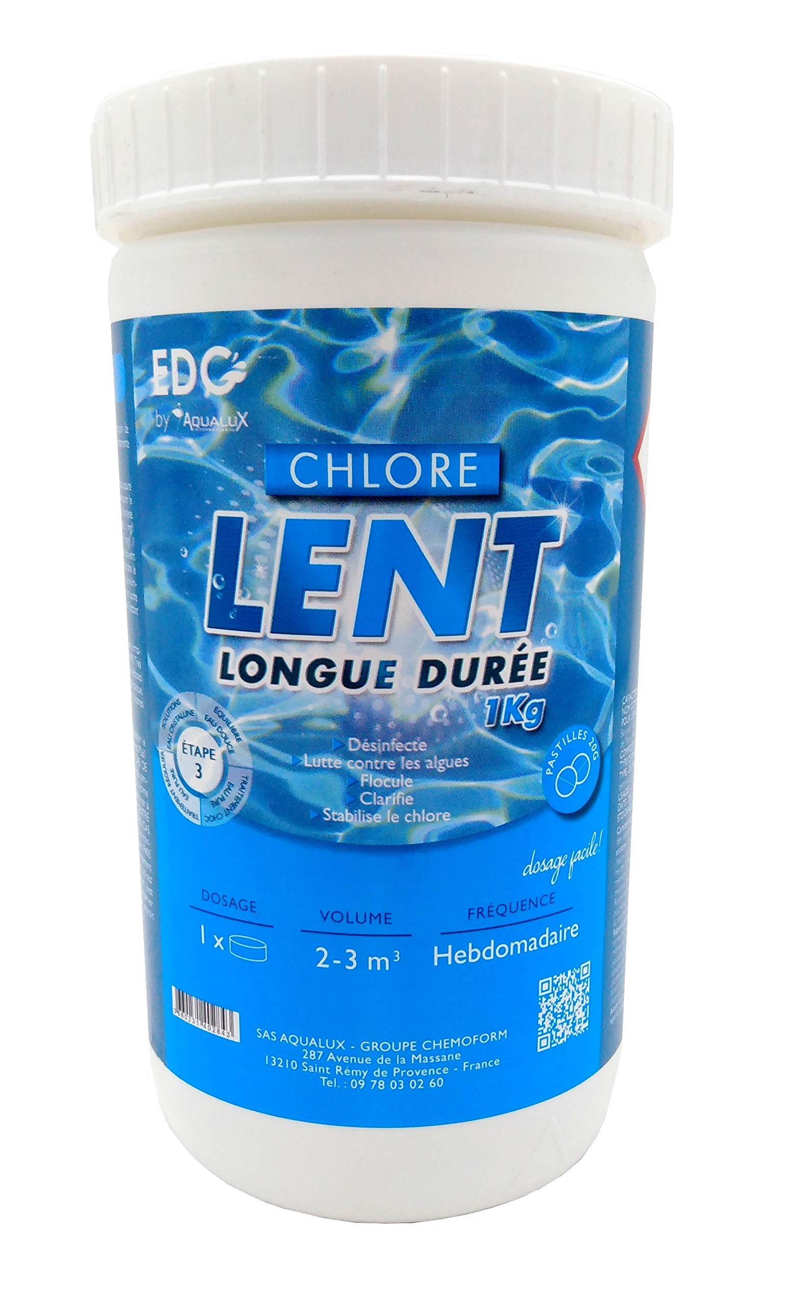 EDG by AQUALUX Chlore Lent Pastilles 20g - 1kg | Chlore Lent Stabilisé - Désinfection Régulière - Dissolution Lente + 10 Tests HPS OFFERTS 6 en 1