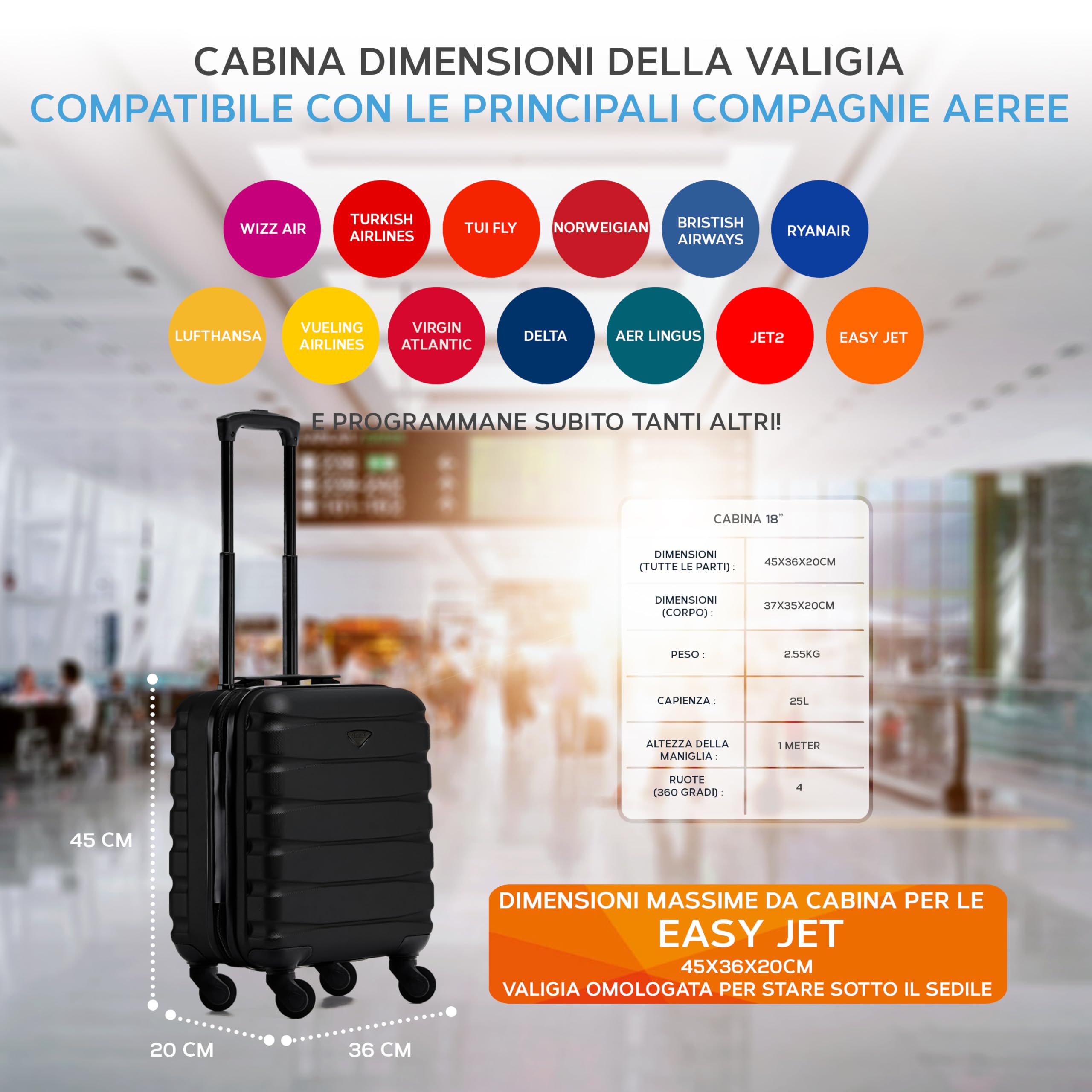 Flight Knight Valigie Rigide in ABS Leggere a 4 Ruote - Bagaglio a Mano Approvato per Oltre 100 Compagnie Aeree Come British Airways, Ryanair E Easyjet, Valigia Da Cabina 45x36x20cm