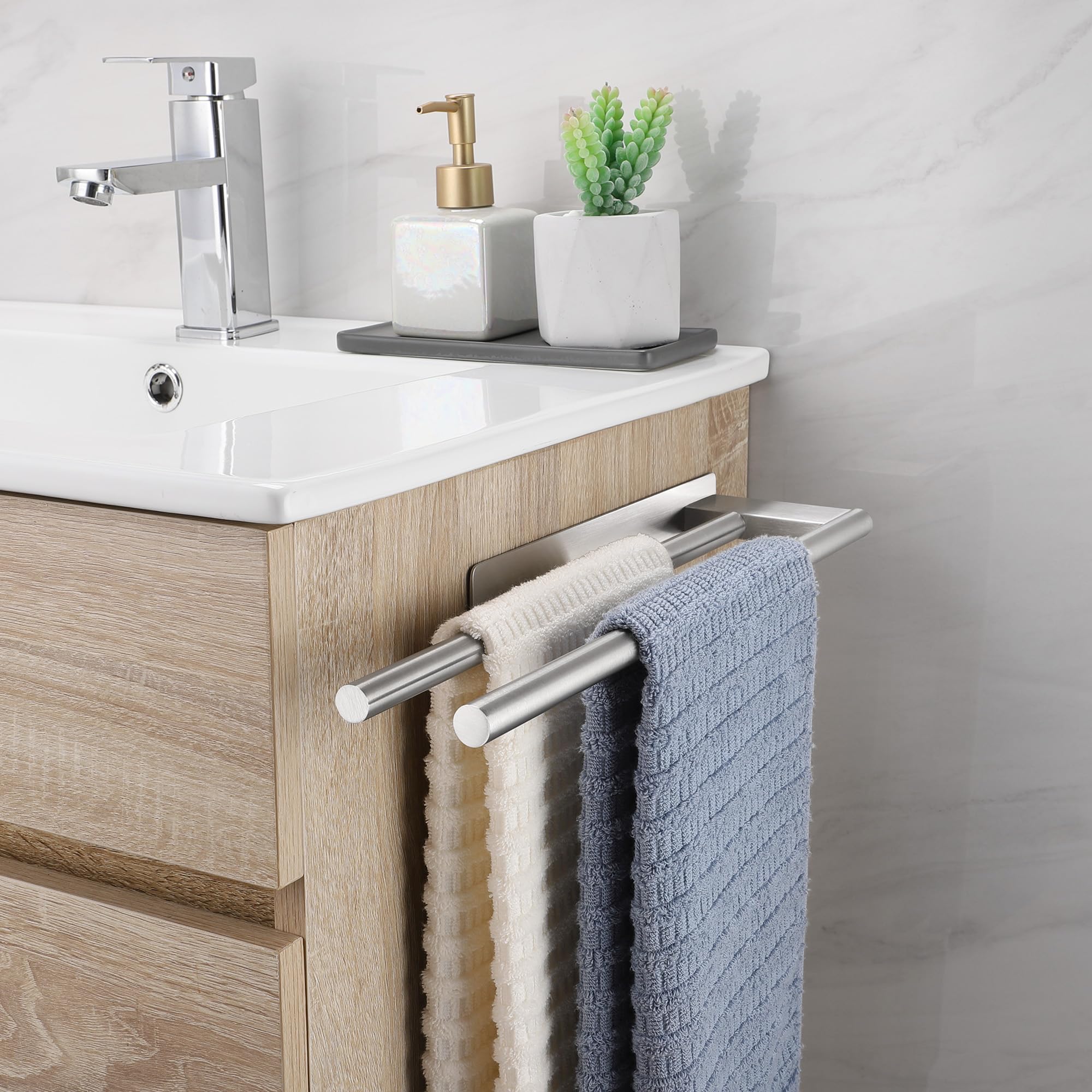 Porta Asciugamani Bagno Adesivo, Portasciugamani Adesivo Bagno Doppio, Porta Salviette da parete per Cucina in Acciaio Inox, Argento
