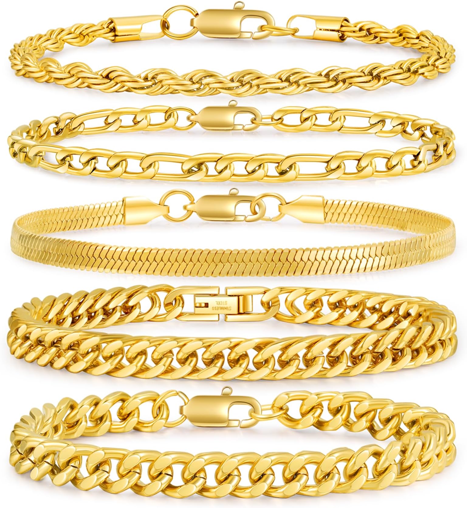 5Pcs Stainless Steel Bracelets for Men Sturdy Mens Chain Bracelet Carb Width Mens Silver Bracelet Exquisite Cuban Link Bracelet for Men Father Boyfriend 6.5/7.5/8.3/9inch