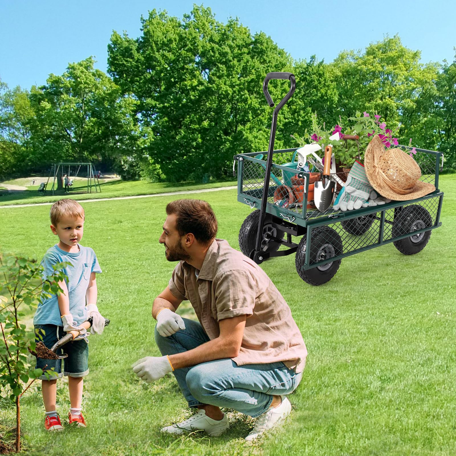 Garvee Chariot de Jardin Robuste 440 lbs – Acier – Côtés grillagés Amovibles – Roues 25 cm – Poignée rotative 180° – Idéal Jardin, pelouse, Ferme, Plage – Vert, capacité 440 lbs