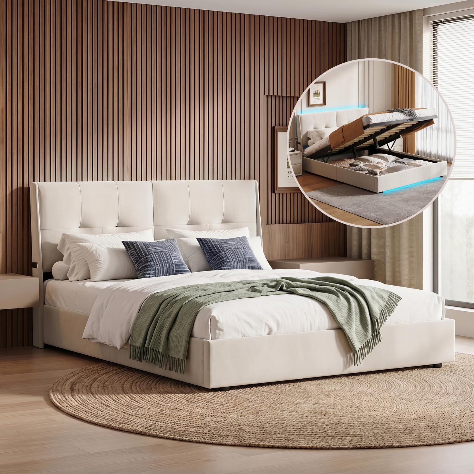 Cama Acolchada De Matrimonio 160 X 200 Cm, Estructura Para Cama Con LED, Almacenamiento De Elevación Hidráulica, Respaldo Cómodo, Somier De Láminas, Franela Beige