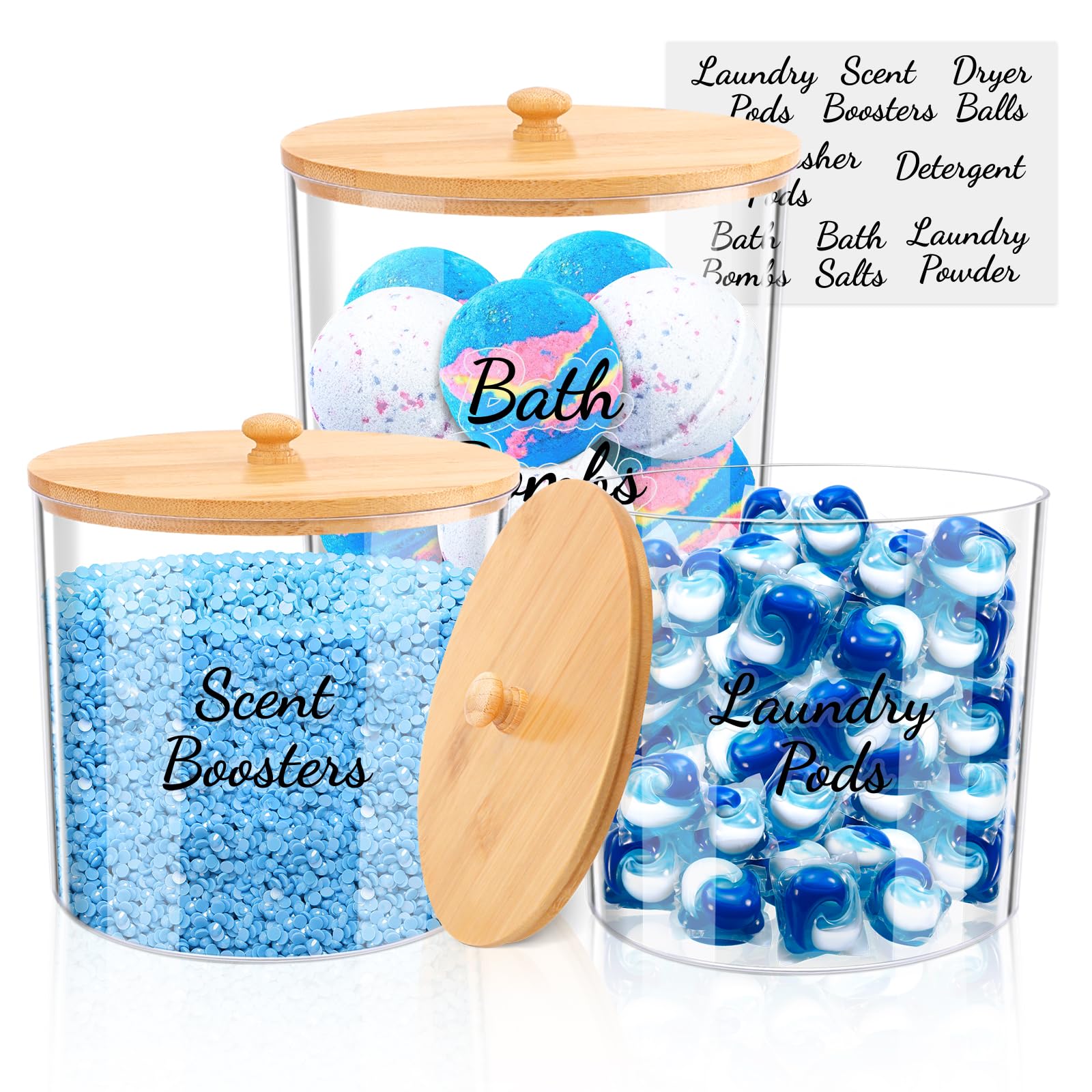 TCJJ 3pcs Laundry Storage Containers With Labels,High-Capacity Plastic Washing Powder Storage,Bathroom Laundry Pod Storage Container With Bamboo Lid,For Washing Pods,Bath Bombs,Scent Booster