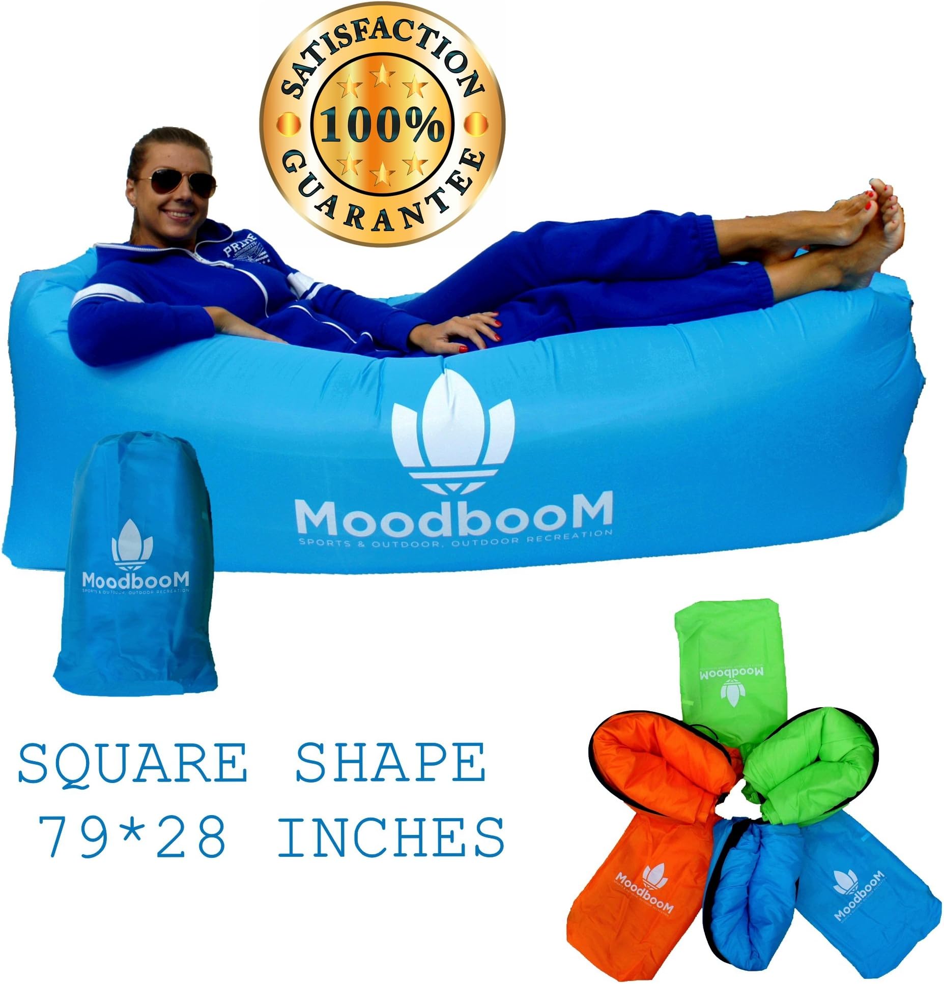 #1 BEST MoodbooM - Portable Inflatable Air Lazy Lounger Sofa Couch Hangout Bag - Waterproof Nylon Ripstop Fabric - Camping Beach Park Backyard BBQ Picnic Pool - 100% Satisfaction Guarantee! (Blue)