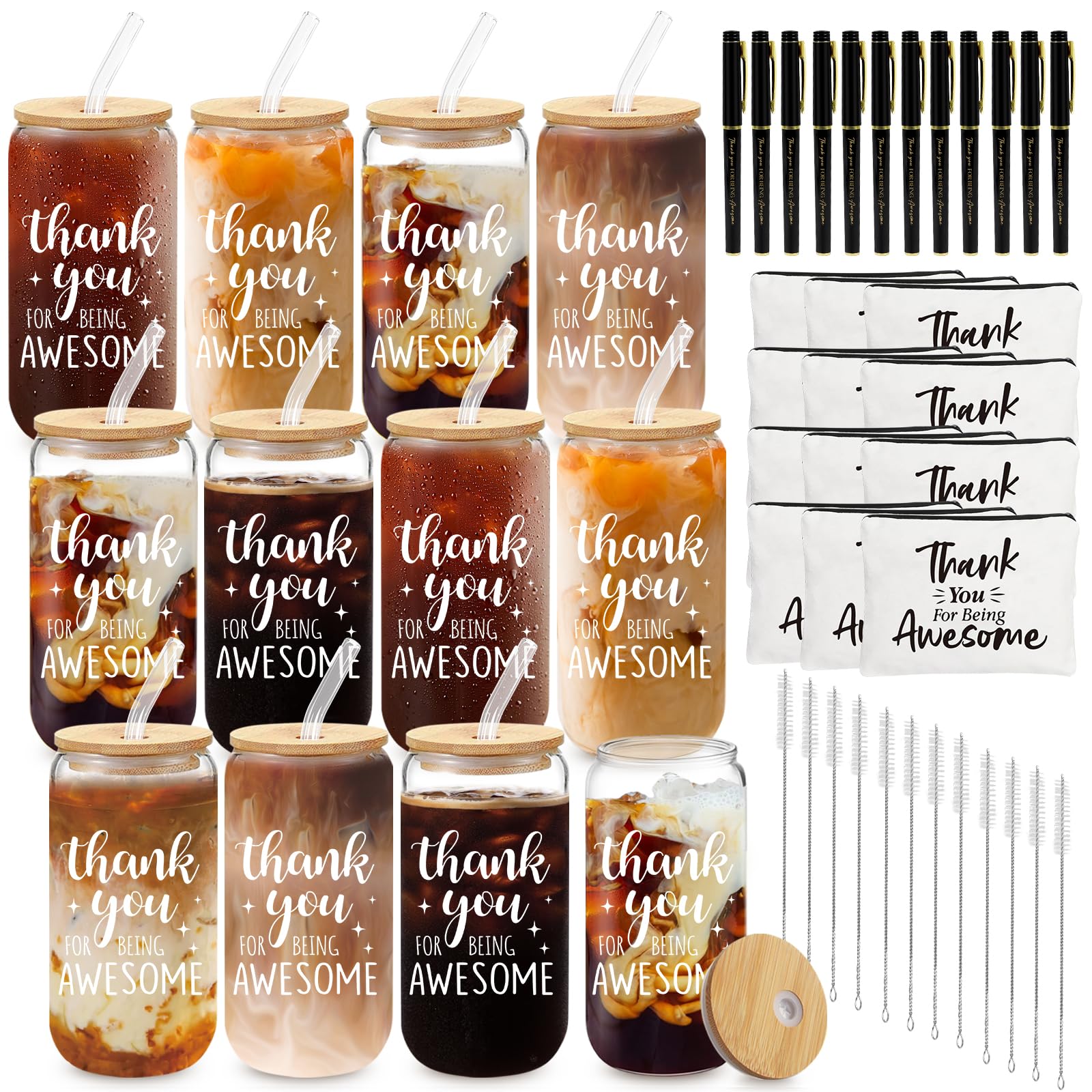 6 set employee appreciation gifts thank you gifts bulk for coworker staff teacher nurses, thank you glass cups 16 oz can shaped beer glass makeup bag ballpoint pen for women men (thank you)