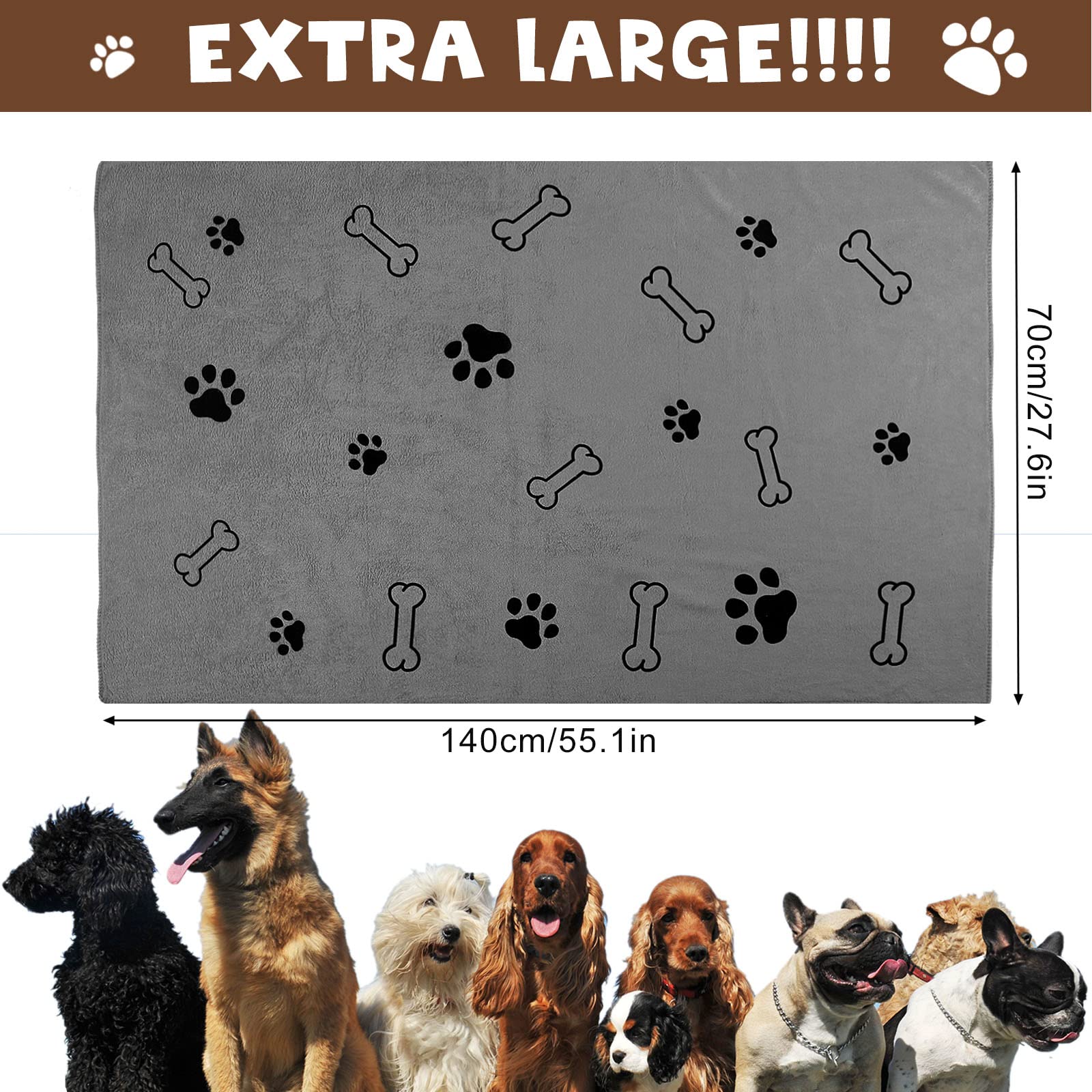 Chumia Lot de 4 serviettes en microfibre absorbantes pour chien et chiot - Fournitures de bain à séchage rapide pour chats et animaux domestiques de taille moyenne (140 x 71 cm, gris)