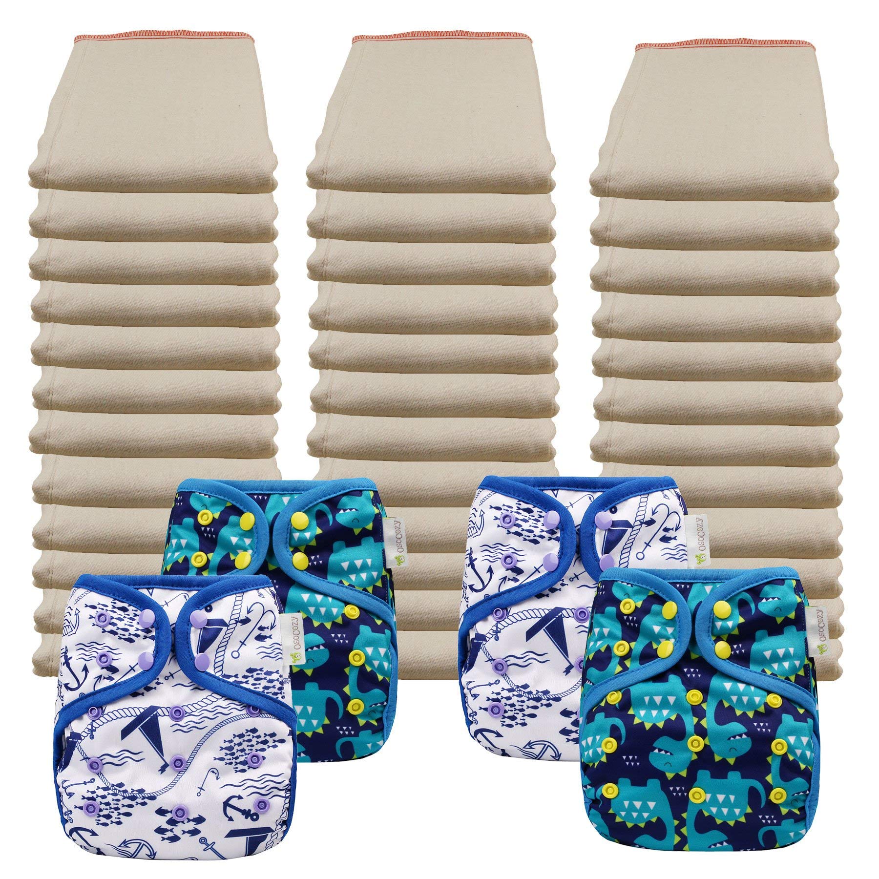 OsoCozy Economy Prefold Diaper Package - 3 Dz. Infant 4x8x4 Unbleached Better-Fit 100% Cotton Prefold Diapers (6-16 lbs) & 4 One-Size Diaper Covers (2