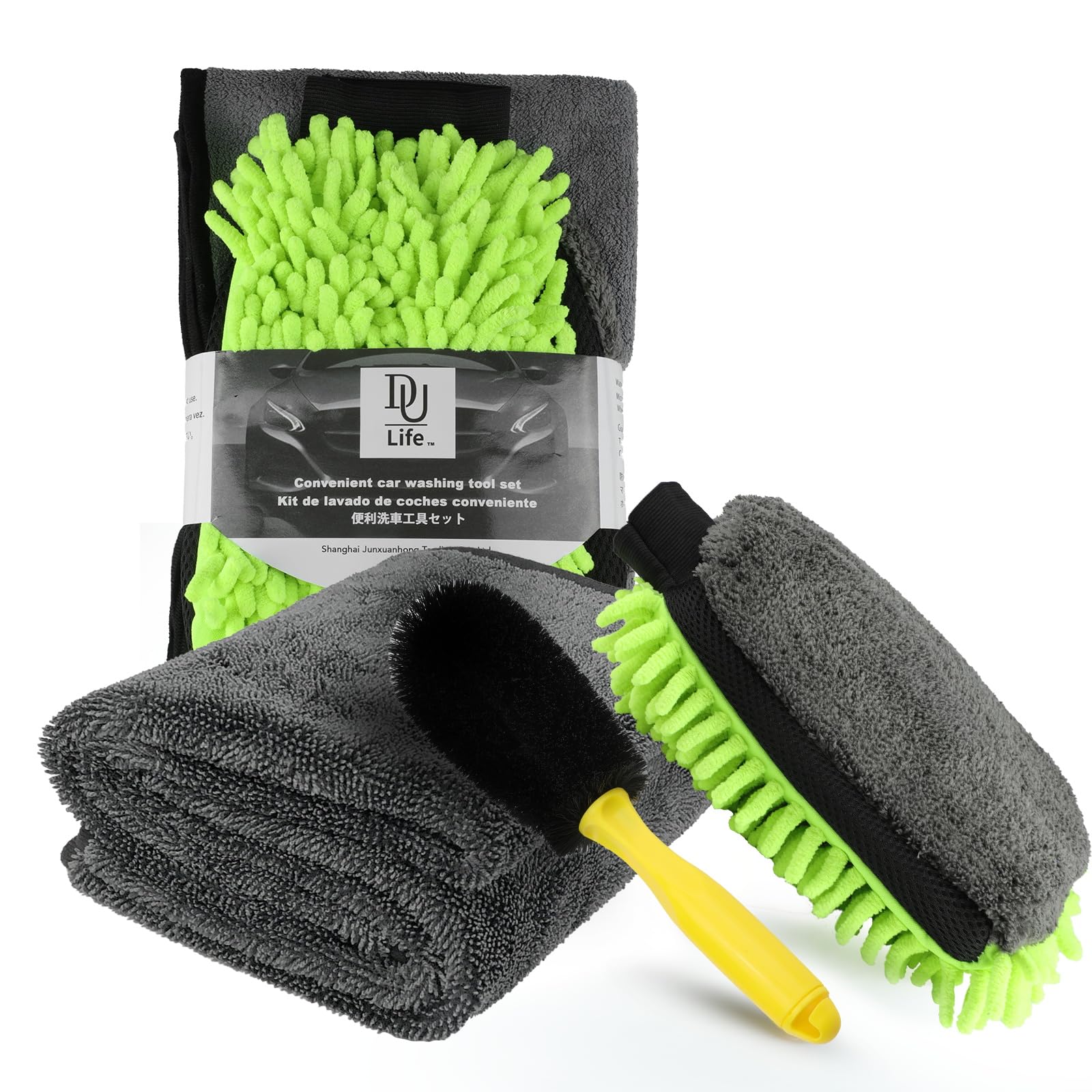 DU Life 4-częściowy zestaw do pielęgnacji samochodu ze ściereczkami z mikrofibry, szczotka do opon, 600 g/m², do suszenia bez zarysowań i polerowania samochodu, bardzo chłonna i delikatna