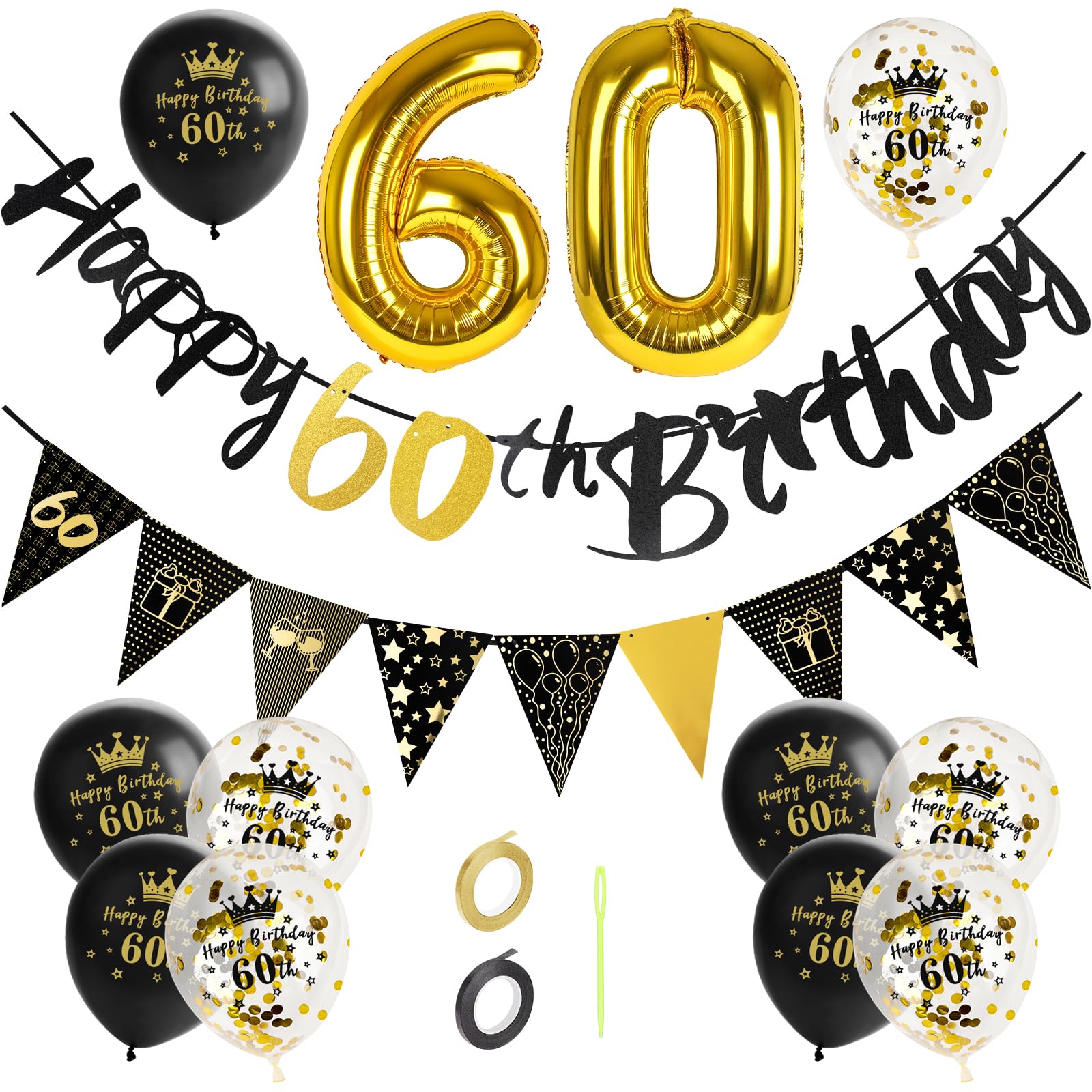 GoldRock Decoratie 60e verjaardag man vrouw, 60e verjaardag man decoratie set, ballonnen 60e verjaardag goud zwart 60e verjaardagscadeau 60ste verjaardag decoratie, Happy Birthday slinger, folieballon