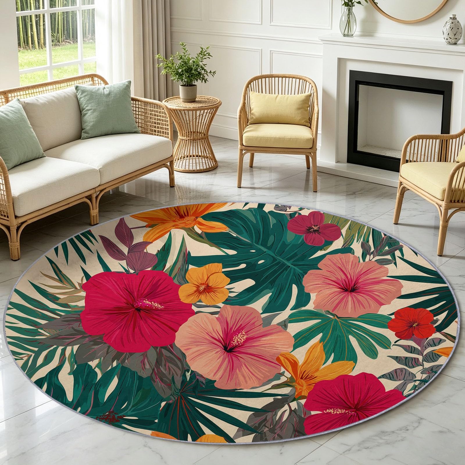 Tapis fleurs bohèmes beige 160 cm lavable et antidérapant pour salon