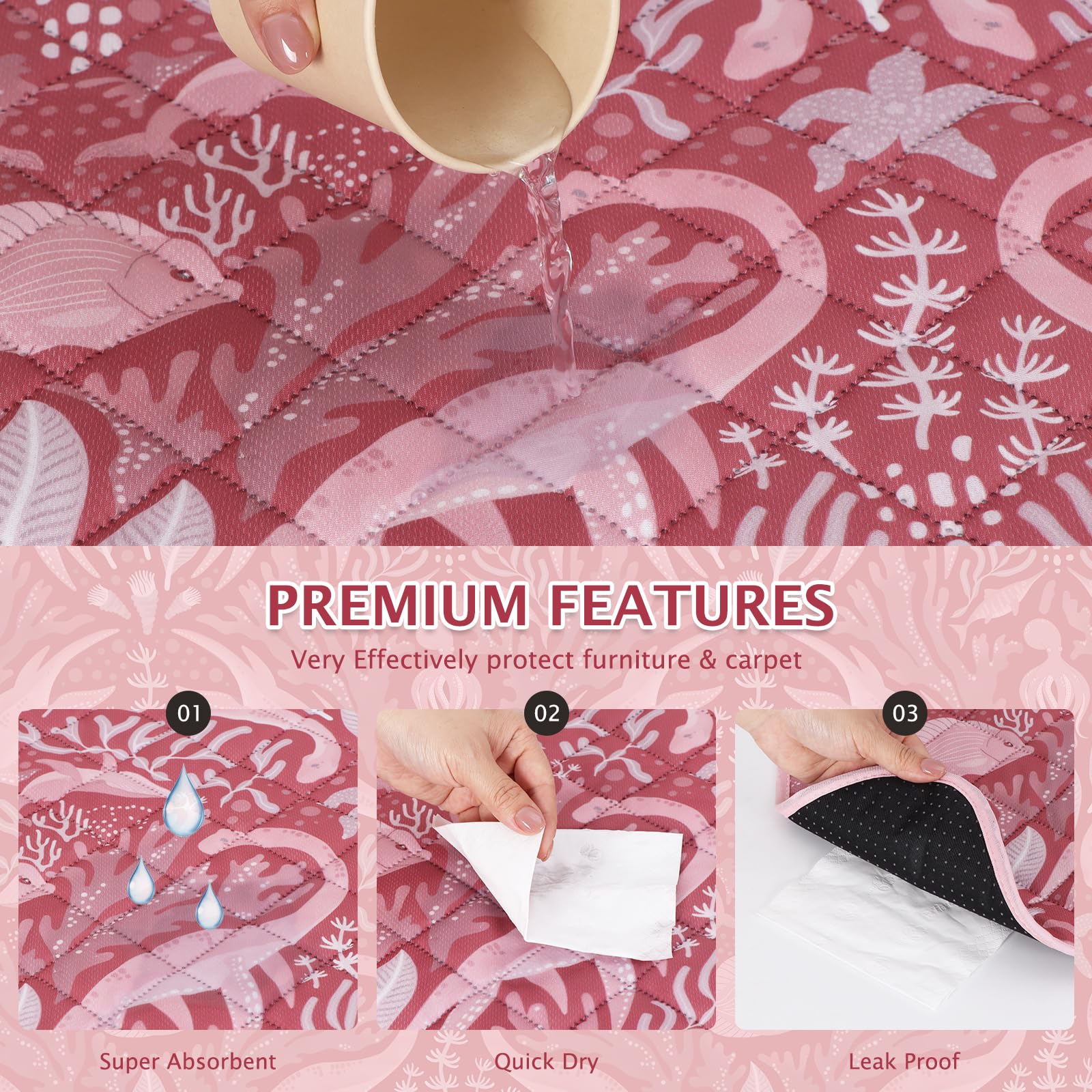 BVAGSS 2 Pezzi Tappetini Assorbenti per Cani, Tappeti Lavabili Riutilizzabili, Antiscivolo, Alta Assorbenza Addestramento traversine per cani XH081 (60x60cm,Dino Pink)