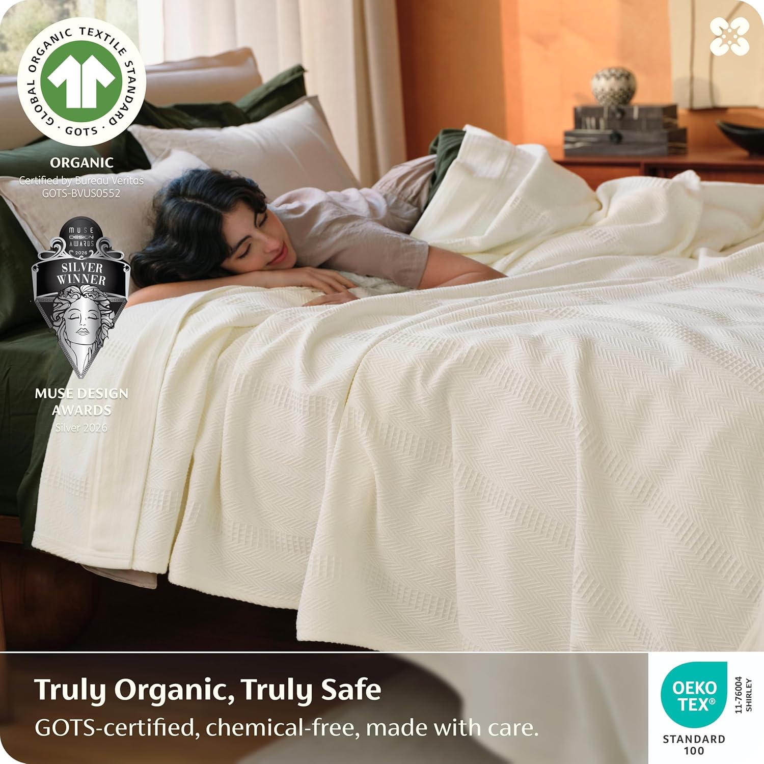 Bedsure 100% Certified Organic Cotton Blanket – King Size, Soft & Breathable Luxury Blankets for Bed, All Seasons Waffle & Herringbone PureWoven Textured Thermal Blanket for Adults, Kids, White