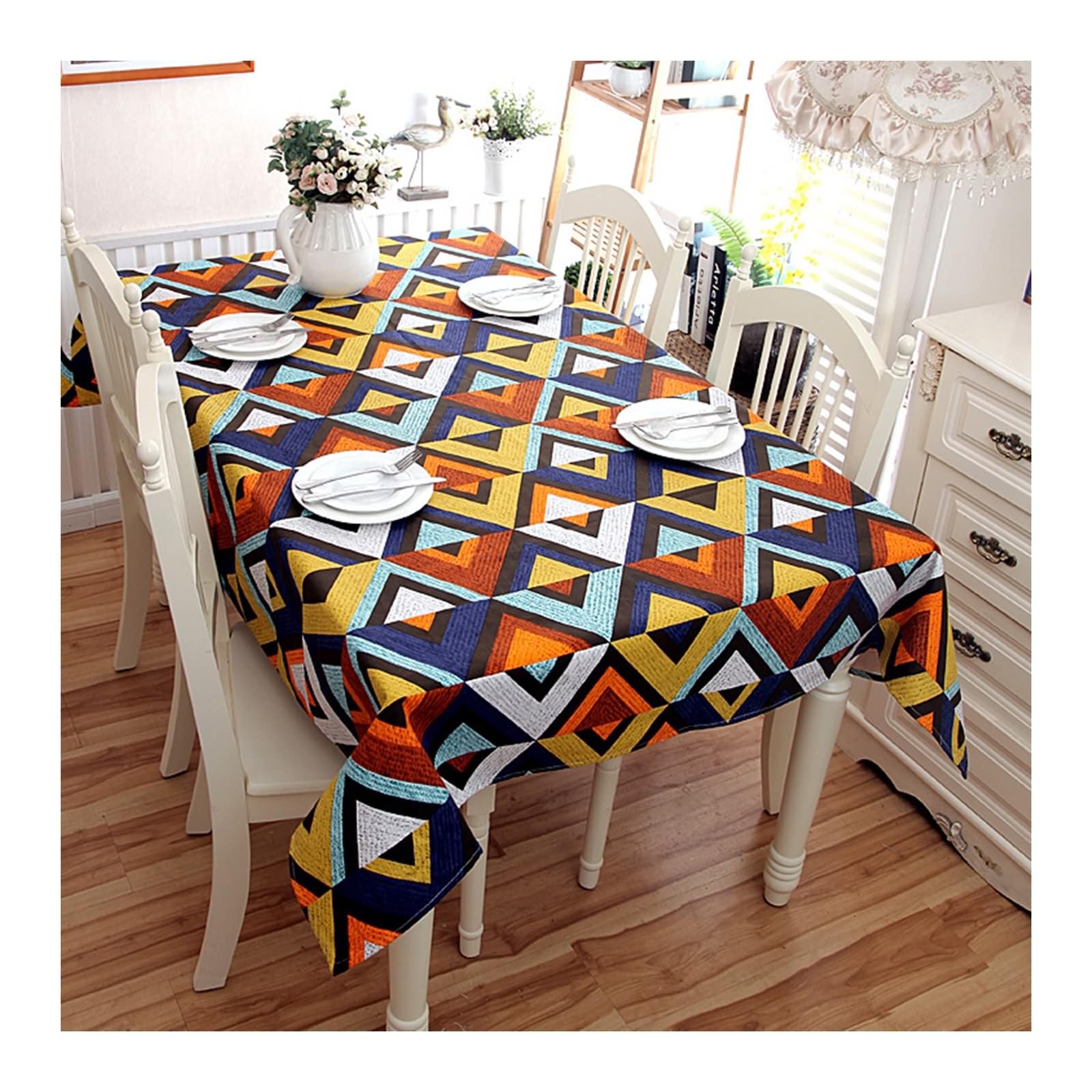 Daesar Manteles Mesa Rectangular,Mantel Algodón Cocina Patrón de Triángulo Mantel Color Azul Amarillo,140x250CM(98x55Inch)