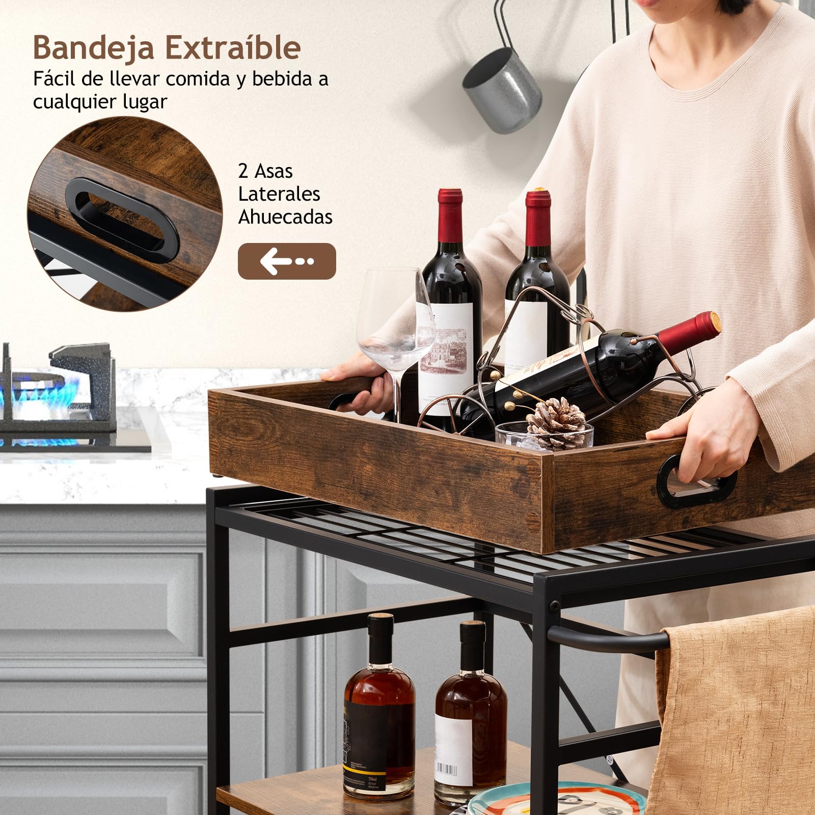 GOPLUS Carro de Cocina de 3 Niveles con Ruedas, Carro de Servicio de 3 Niveles con Bandeja Extraíble, 4 Ruedas Universales Bloqueables, Carro de Estilo Industrial, para Cocina Comedor
