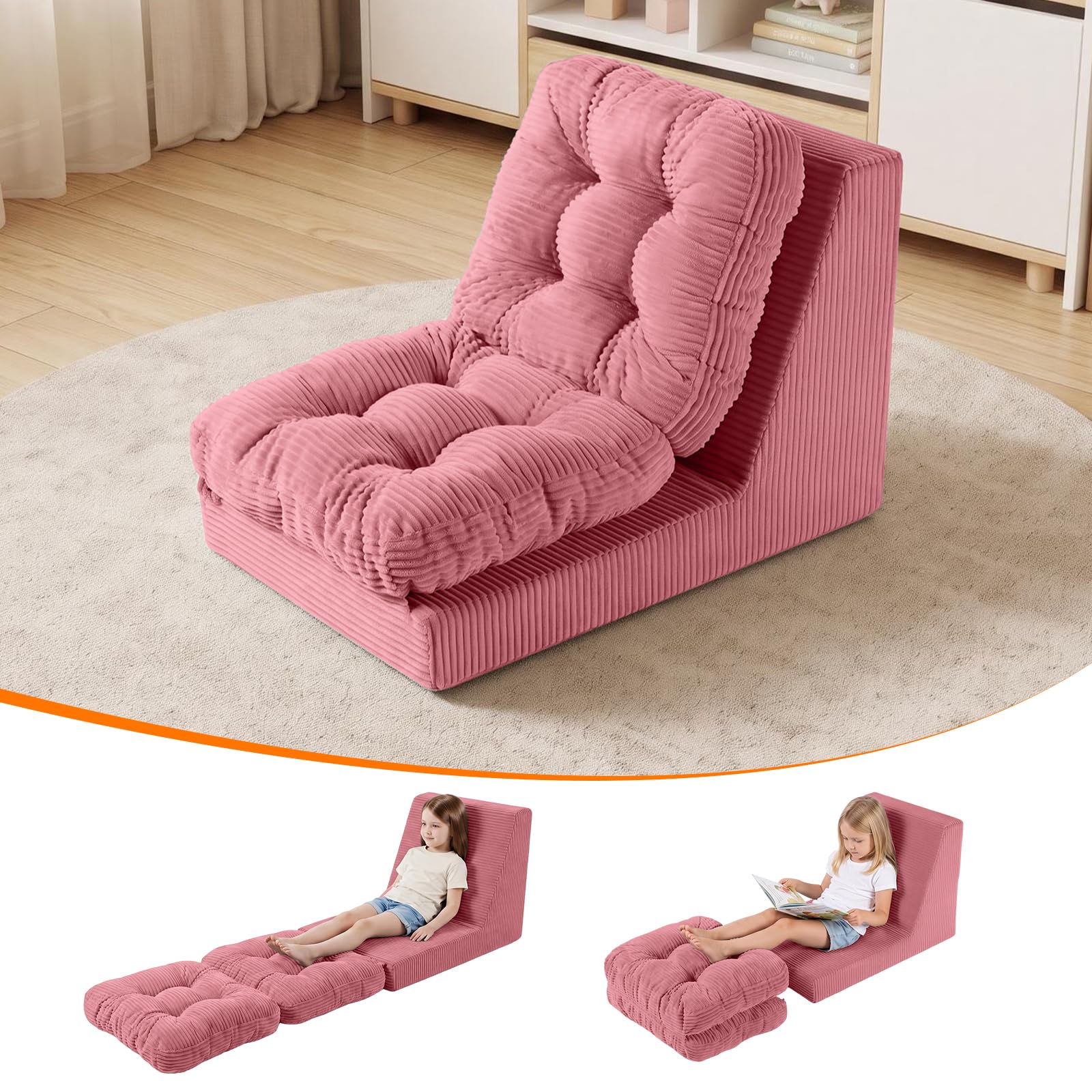 MeMoreCool Kids Bean Bag Chair, Convertible Floor Sofa Bed, Pink