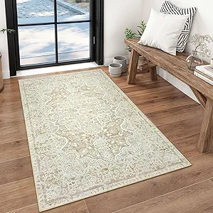 KUTA Vintage Floral Rug 3x5, Area Rugs for Living Room Beige Yellow Washable Kitchen Carpet Non-Slip, Ultra Soft Printed Distressed Vintage Entry Low-Pile Throw for Living Room Dorm Décor