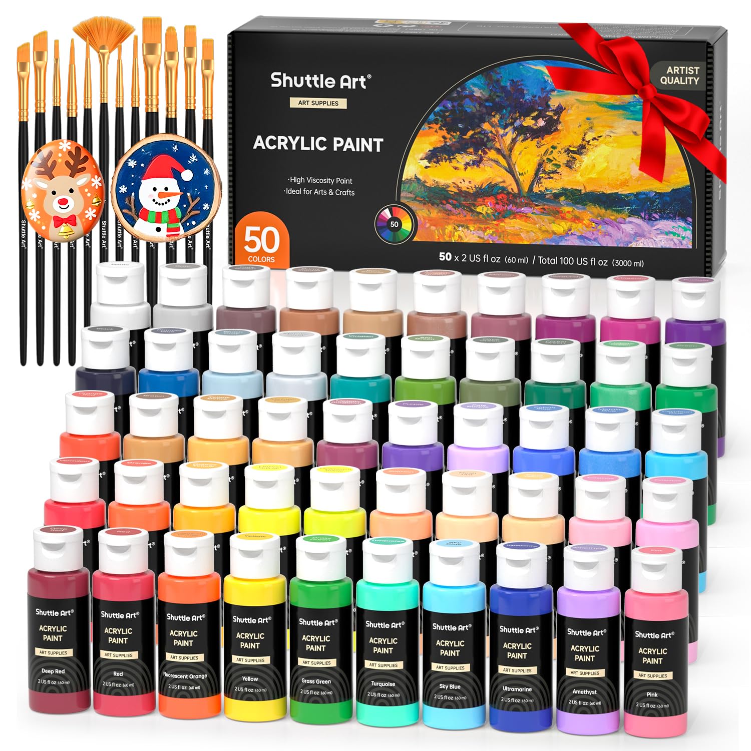 Acrylic Paint, 50 Colors Acrylic Paint Set, 2oz/60ml Bottles, Rich Pigments, Water Proof, Premium for Artists, Beginners and Kids on Canvas Rocks Wood Ceramic Fabric