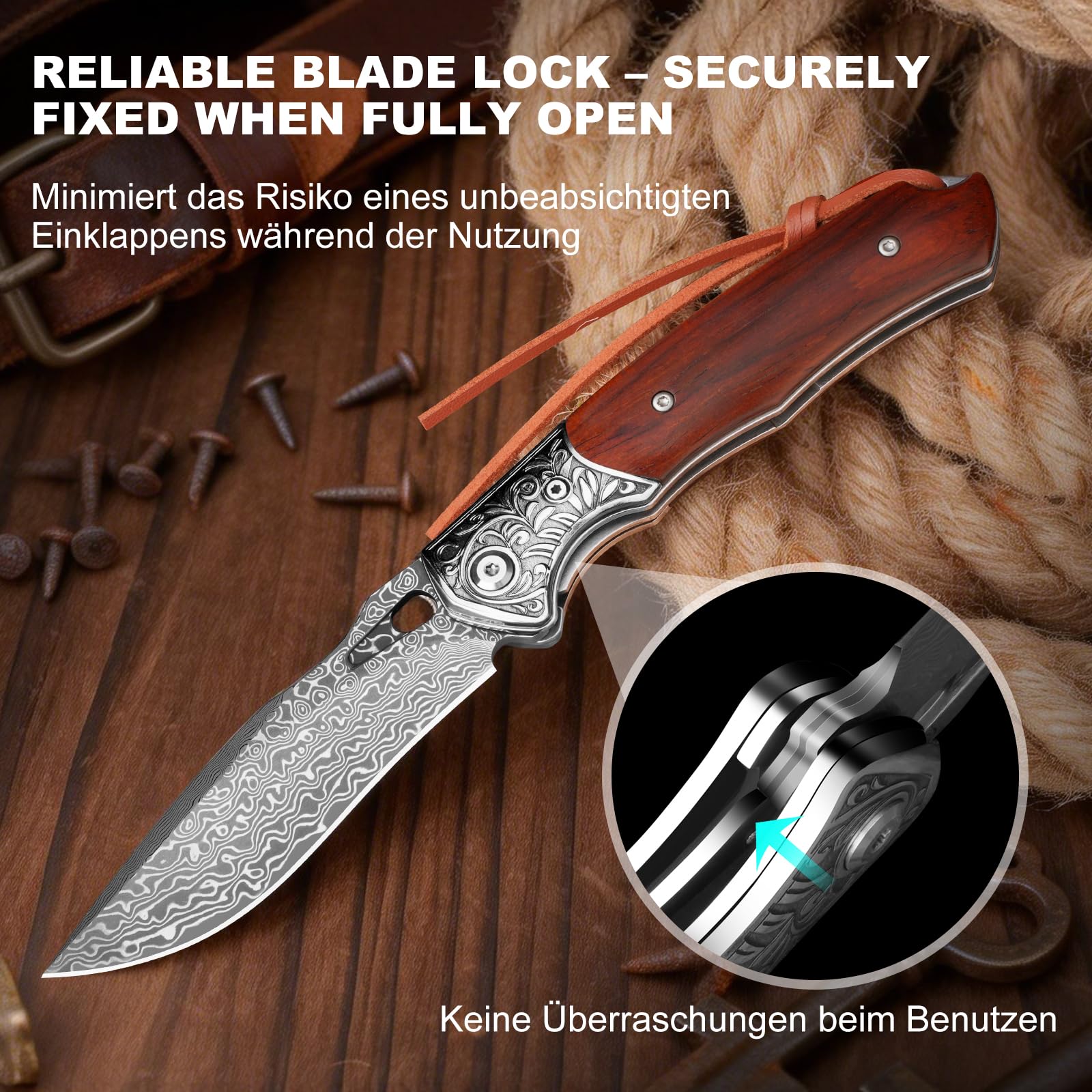 Couteau Pliant Damas et Couteau de Poche avec Liner Lock - Lame en Acier Damas, Manche en Bois - Ouverture à Deux Mains - Idéal pour Camping, Survie et Randonnée