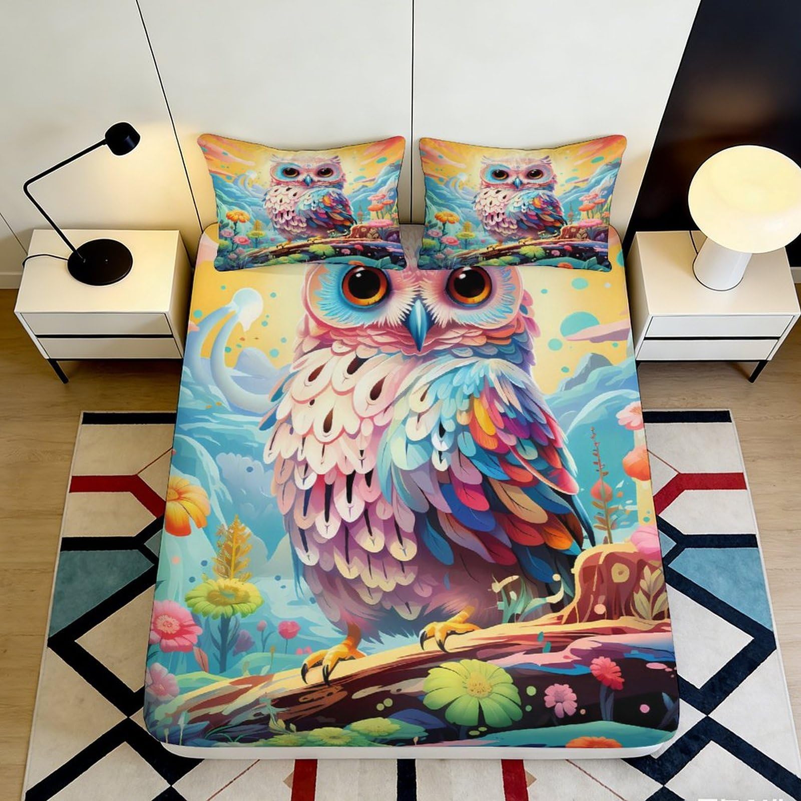 3D Printed Colorful Owl Fitted Sheet Microfiber Soft Breathable Fantasy Forest Bed Cover for Bedroom Dormitory Guest Room Mattress Protection Decor 160x200x25cm