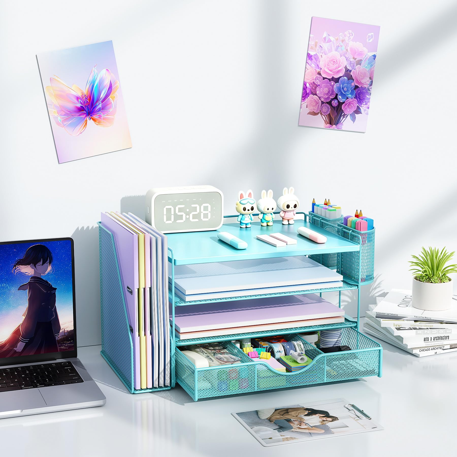 gianotter Desk Organizers and Accessories with File Holder, 4-Tier Desk Accessories & Workspace Organizers with Drawer and 2 Pen Holder, Desk Reference Organizer (Blue, 4T with Metal Drawer) view 6