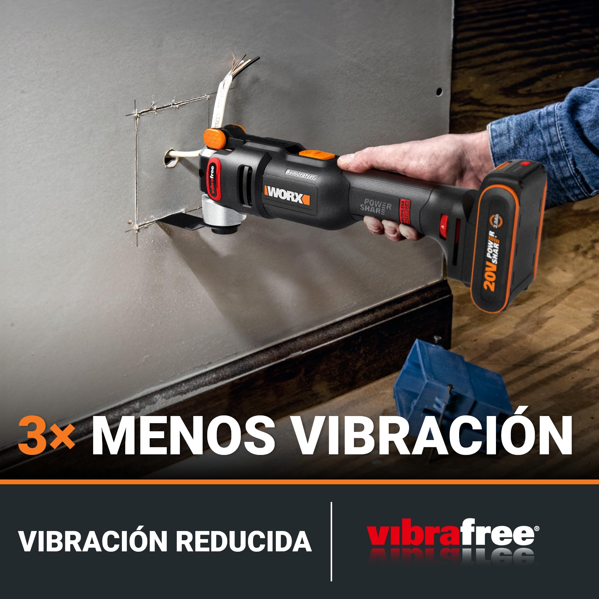 WORX WX698.9 NITRO – Herramienta multifunción inalámbrica 20V, Cortar, serrar, moler, raspar, rascar, sin escobillas, Sistema de fijación universal, 23 accesorios, sin batería ni cargador