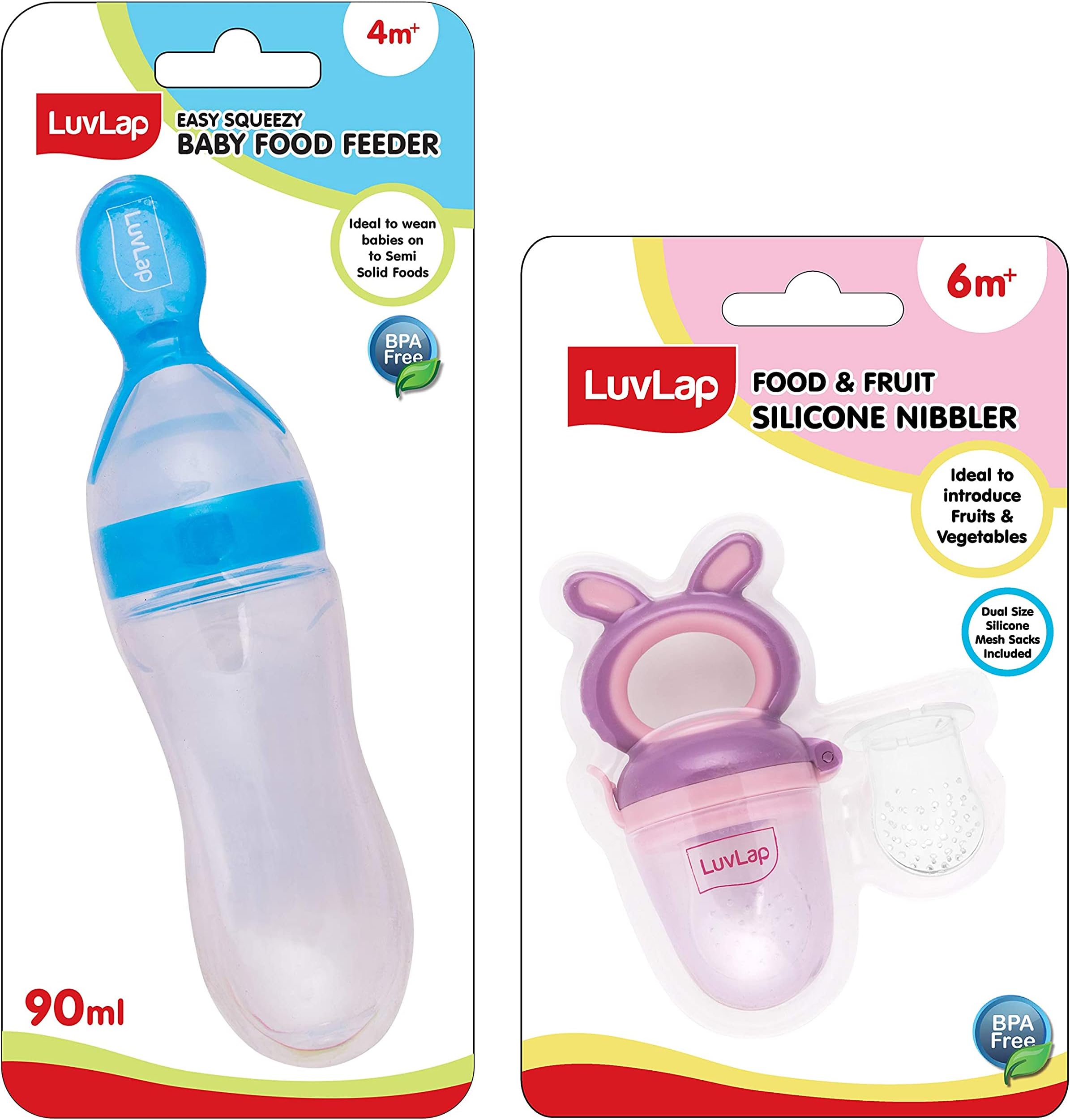 LuvLap Silicone and Plastic Baby Food Feeder Combo, 2 Pcs Set (Blue,Food Feeder 90Ml & Food Nibbler)