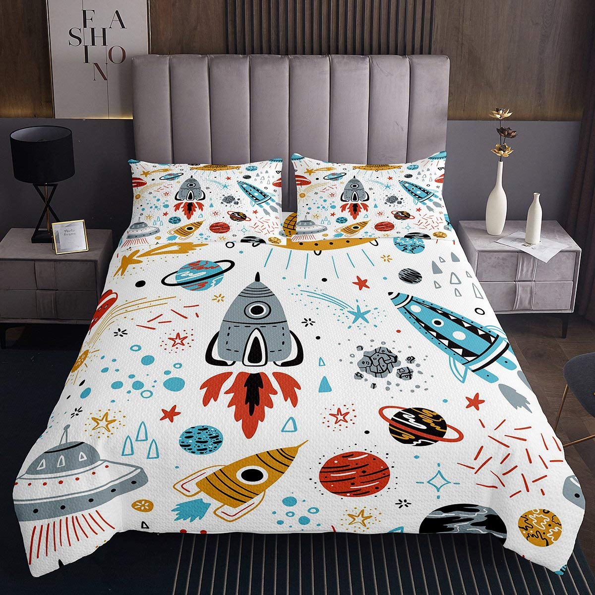 Erosebridal Boy Coverlet Set Twin Size Rocket Quilt Spaceship Bedspread Outer Space Galaxy Stars Planet Bedspread, Cartoon Style Quilt for Living Room Dorm Decorative