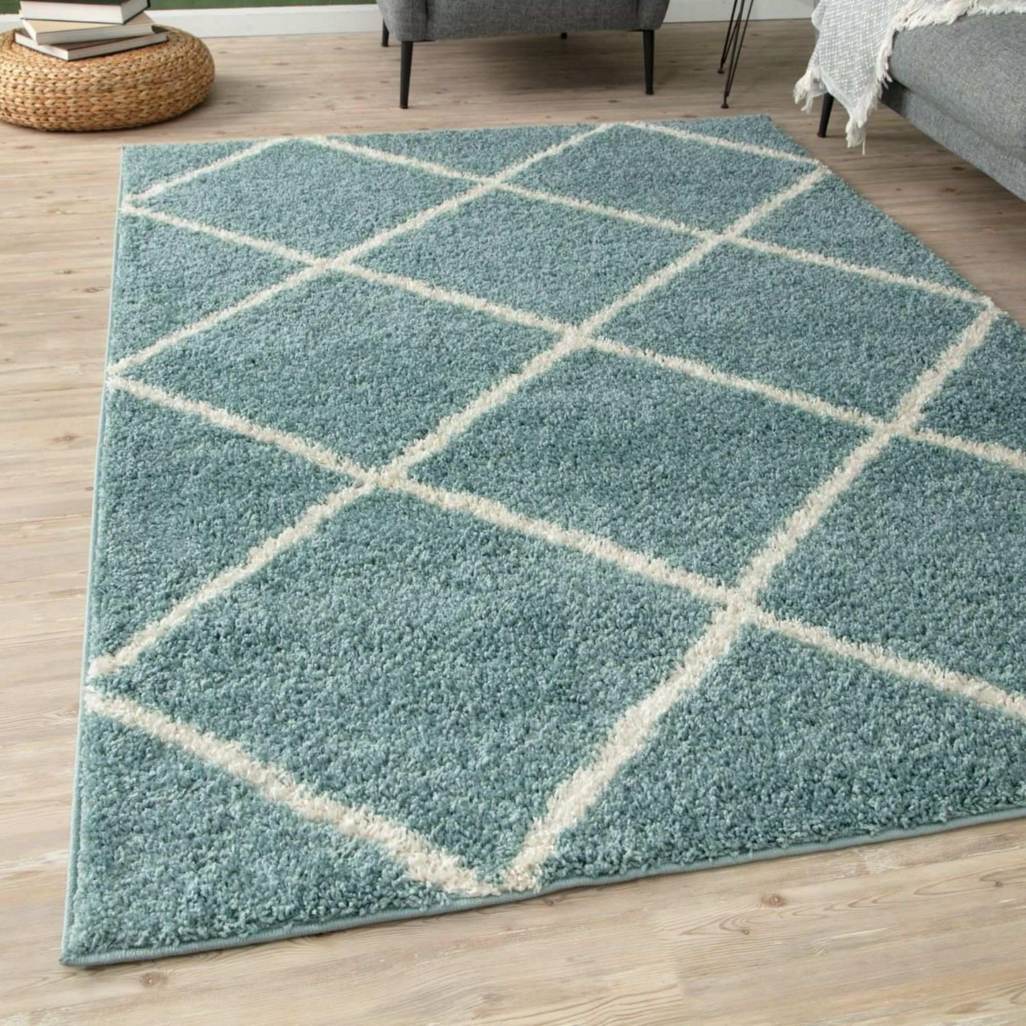 THE RUGS Shaggy Rug – Modern Moroccan Design Rugs for Living Room, Bedroom, Hallway, 30 cm Thick Area Rugs, (Diamond Duck egg blue/Ivory, 240x340cm)