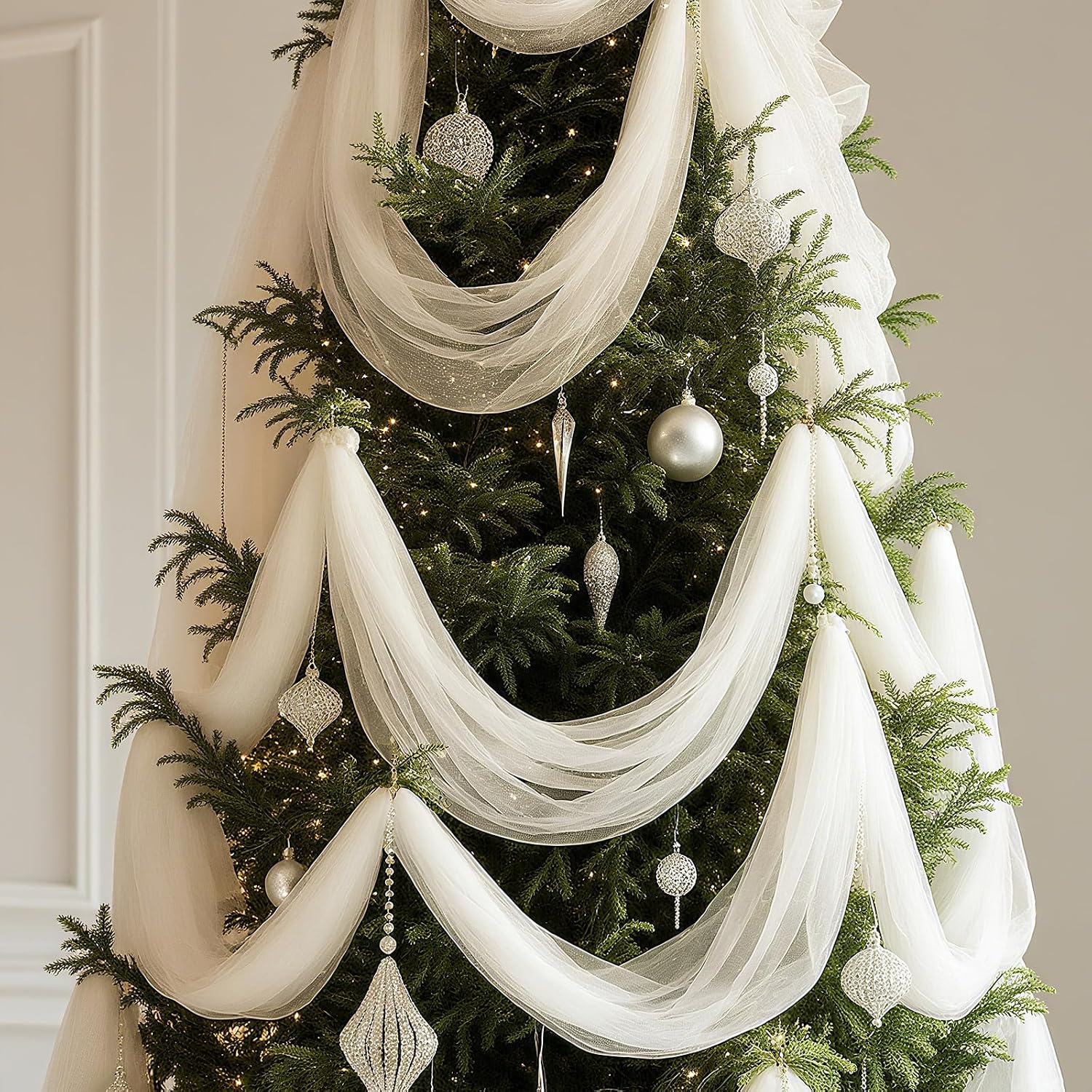 Mindsoft 100 ft White Christmas Tree Garland White Decorative Veil Christmas Garland with Wire Xmas Hanging Decorations for Xmas Tree Party Holiday Decor
