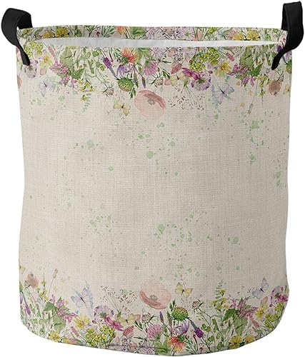 17 x 13.8 Laundry Basket Collapsible Storage Bin, Spring Floral Watweproof Oxford Fabric Clothes Basket Laundry Hamper for Dorm, Office, Home,