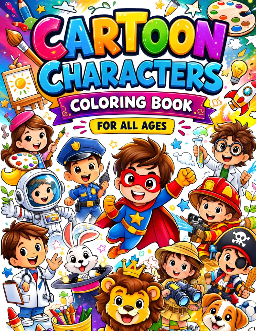 Cartoon Characters Coloring Book for All Ages: Fun, Cute & Creative Coloring Pages Featuring Adorable Characters, Occupations, Animals and Adventures for Kids, Teens & Adults