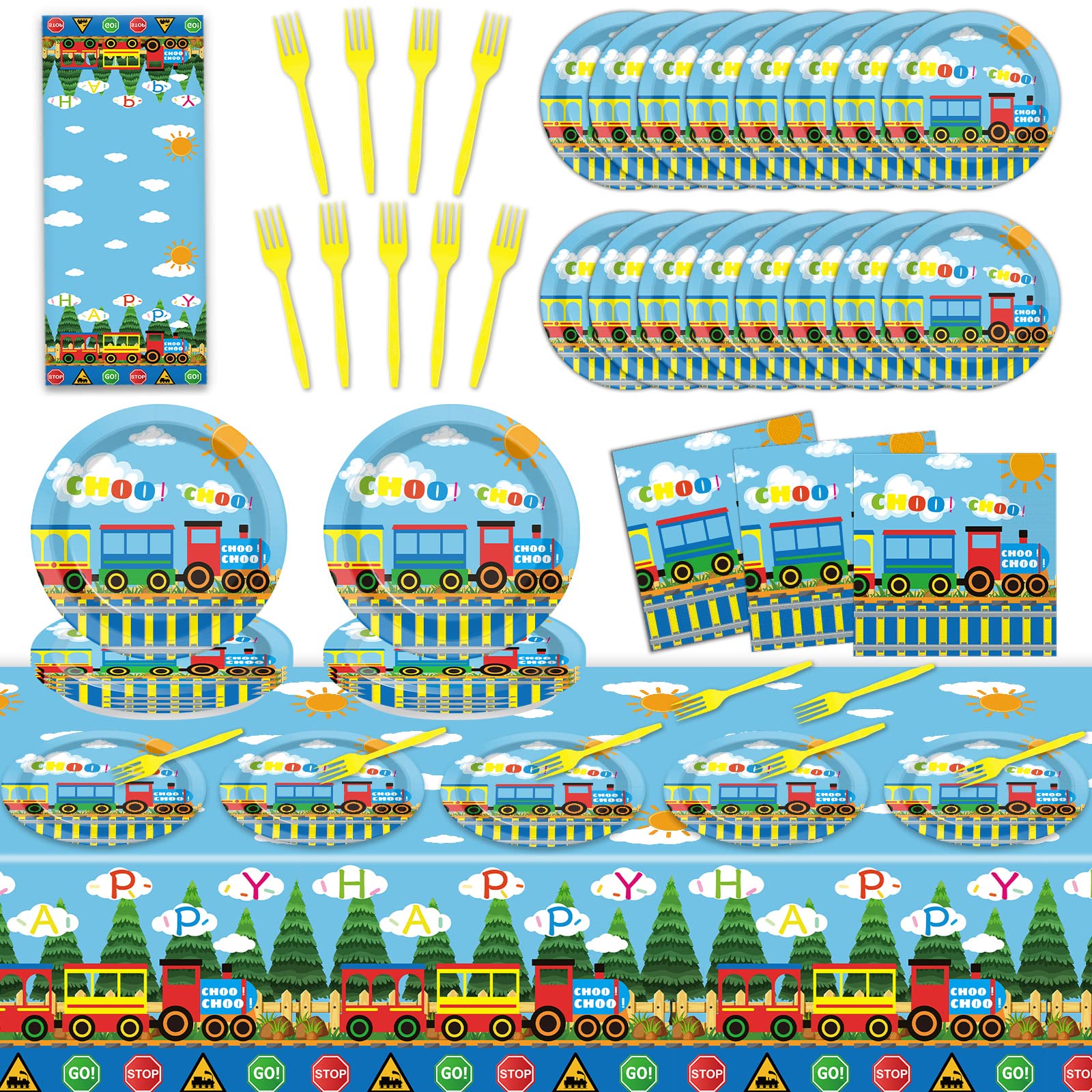 gisgfimTrain Birthday Party Supplies Train Theme Party Tableware Includes Train Party Plates Napkins Fork and Train Theme Tablecloth for Birthday Parties Decorations Set Serve 20