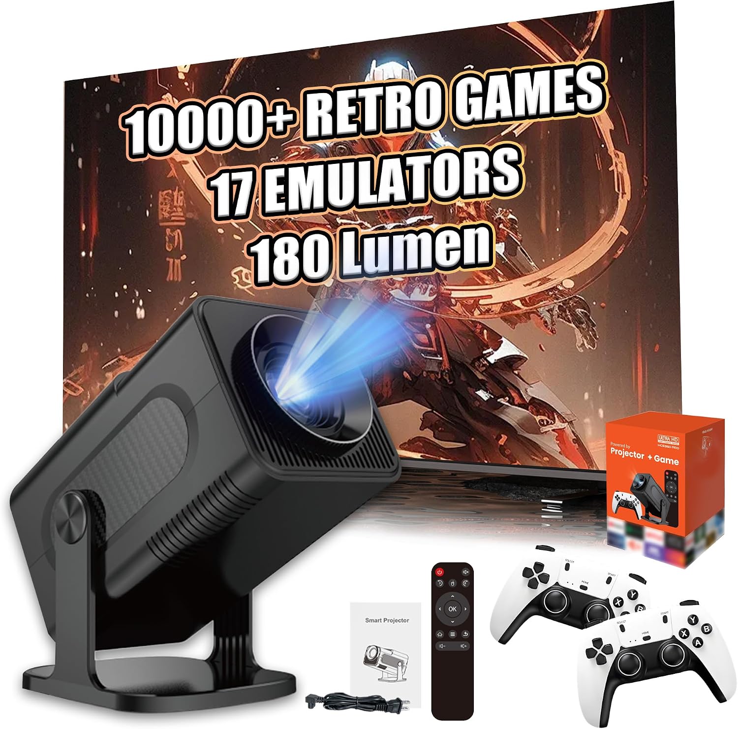 HCS350 Pro Portable Wireless Projector with WIFI & Bluetooth, Game Console Built in 10000+ Game, 720P, Android 11 Movie Projector for Outdoor Use, Home Theater, with Remote Focus Function(Black)
