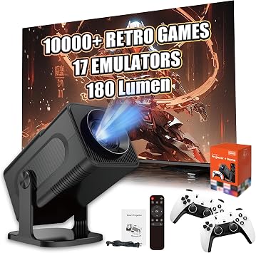 HCS350 Pro Portable Wireless Projector with WIFI & Bluetooth, Game Console Built in 10000+ Game, 720P, Android 11 Movie Projector for Outdoor Use, Home Theater, with Remote Focus FunctionBlack