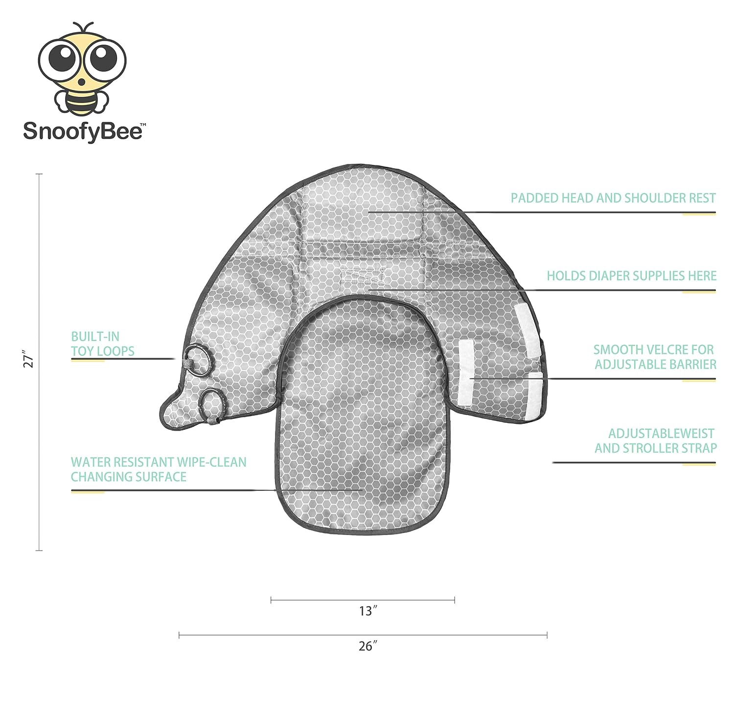 SnoofyBee Portable Clean Hands Changing Pad. 3-in-1 Diaper Clutch, Changing Station, and Diaper-Time Playmat with Redirection Barrier for Use with Infants, Babies and Toddlers (Blue White Grey)