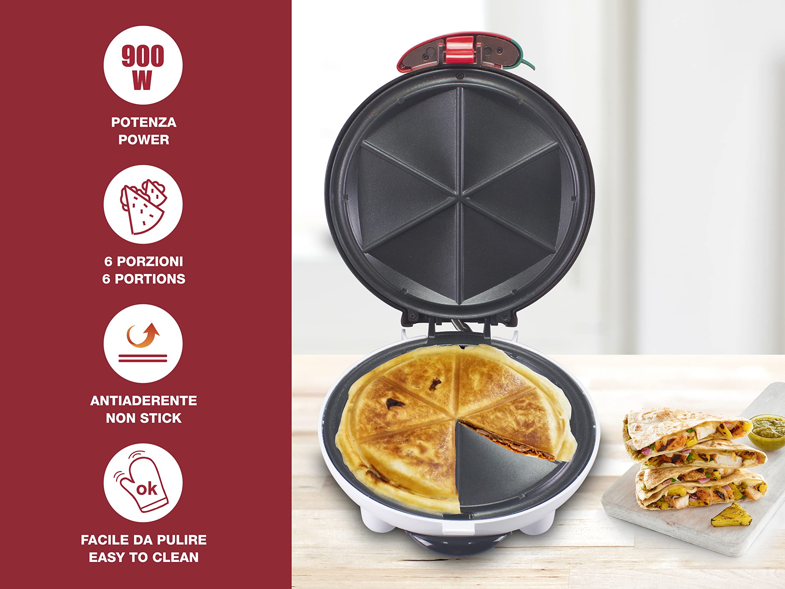 BEPER P101CUD600 Appareil à apéritif Happy Hour - Prépare des quesadillas, des panzerotti, des boulettes sucrées et salées en quelques minutes, Rouge