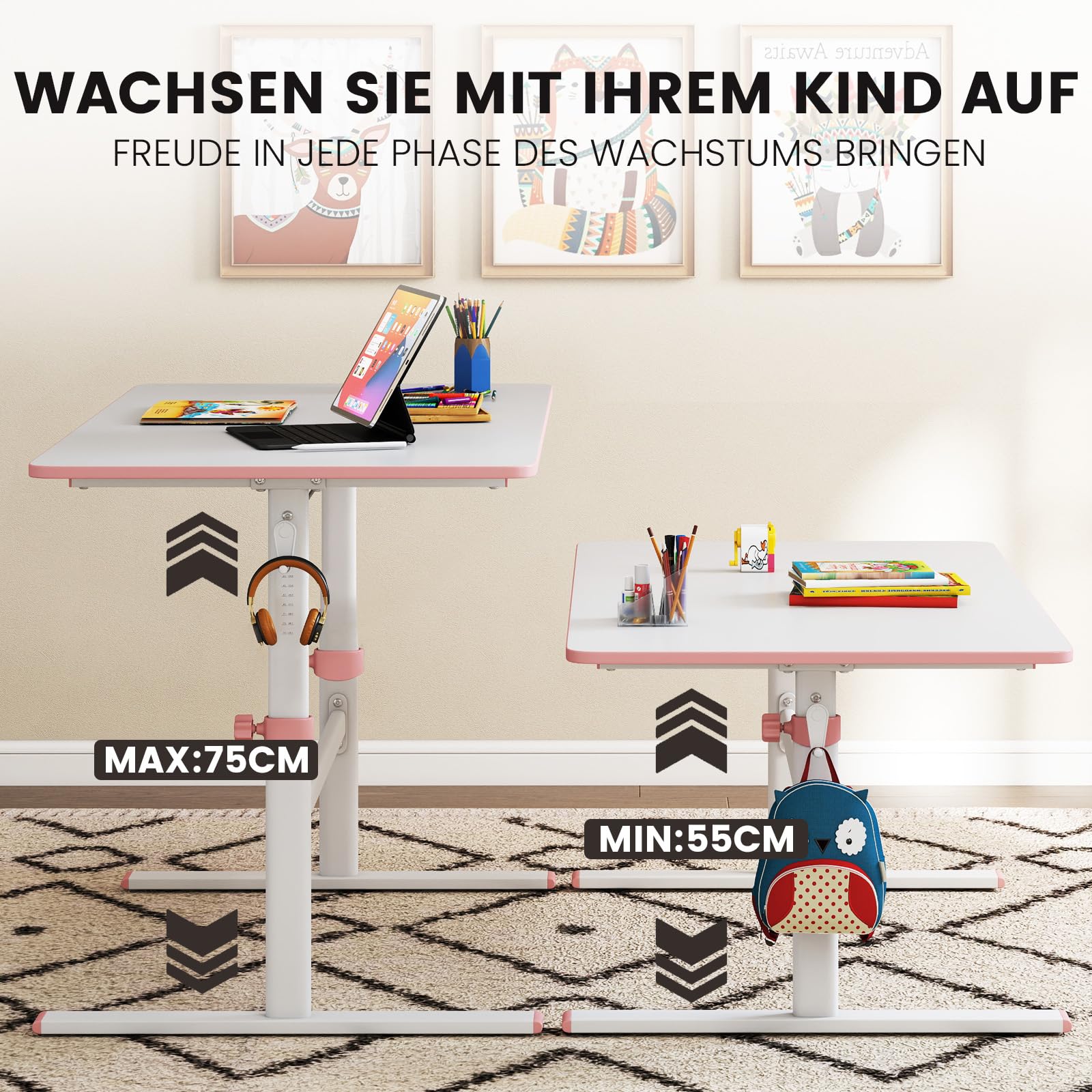 JOYLDIAS Kinderschreibtisch höhenverstellbar 110×60 cm, Rosa | Tischplatte mit Kurbel, blendfreie Oberfläche, Einklemmschutz, abgerundete Ecken