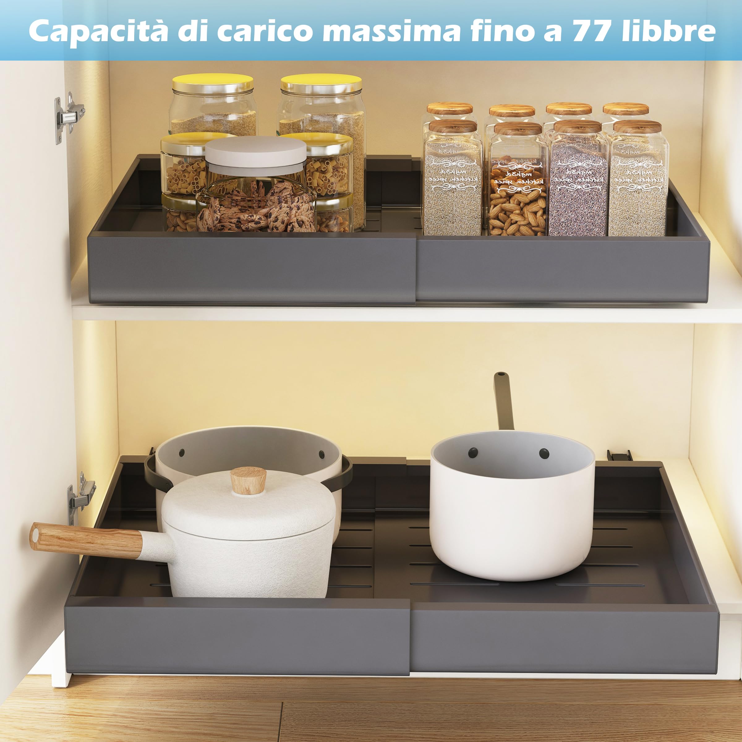 COVAODQ Cassetto Telescopico,Cassetto Scorrevole Estensibile Estraibile con pellicola adesiva,Vassoio Estraibile per Mobile Cucina,Set da 2 pezzi, Grigio
