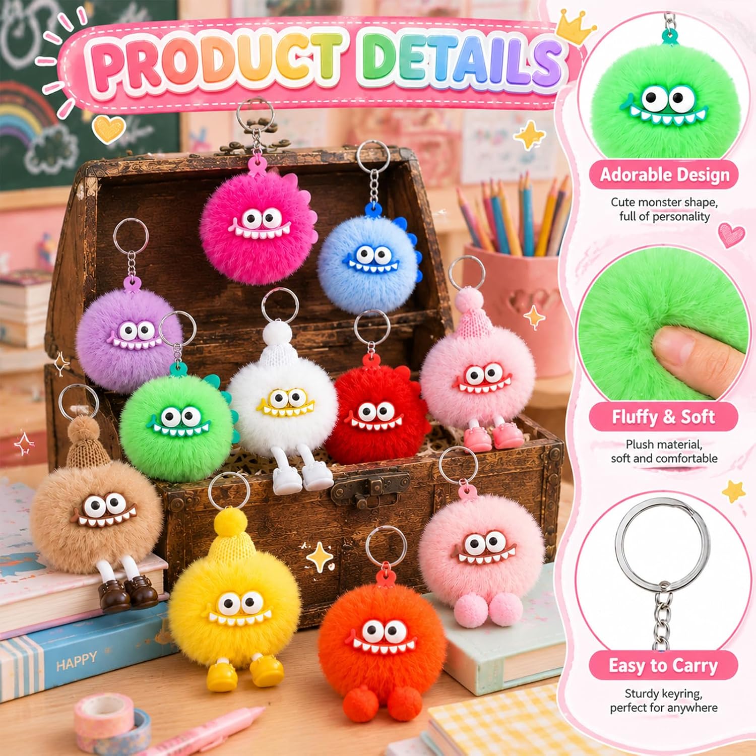 24Pcs Cute Plush Keychains Bulk Fuzzy Pompoms Ball Keyrings Party Favors image 3