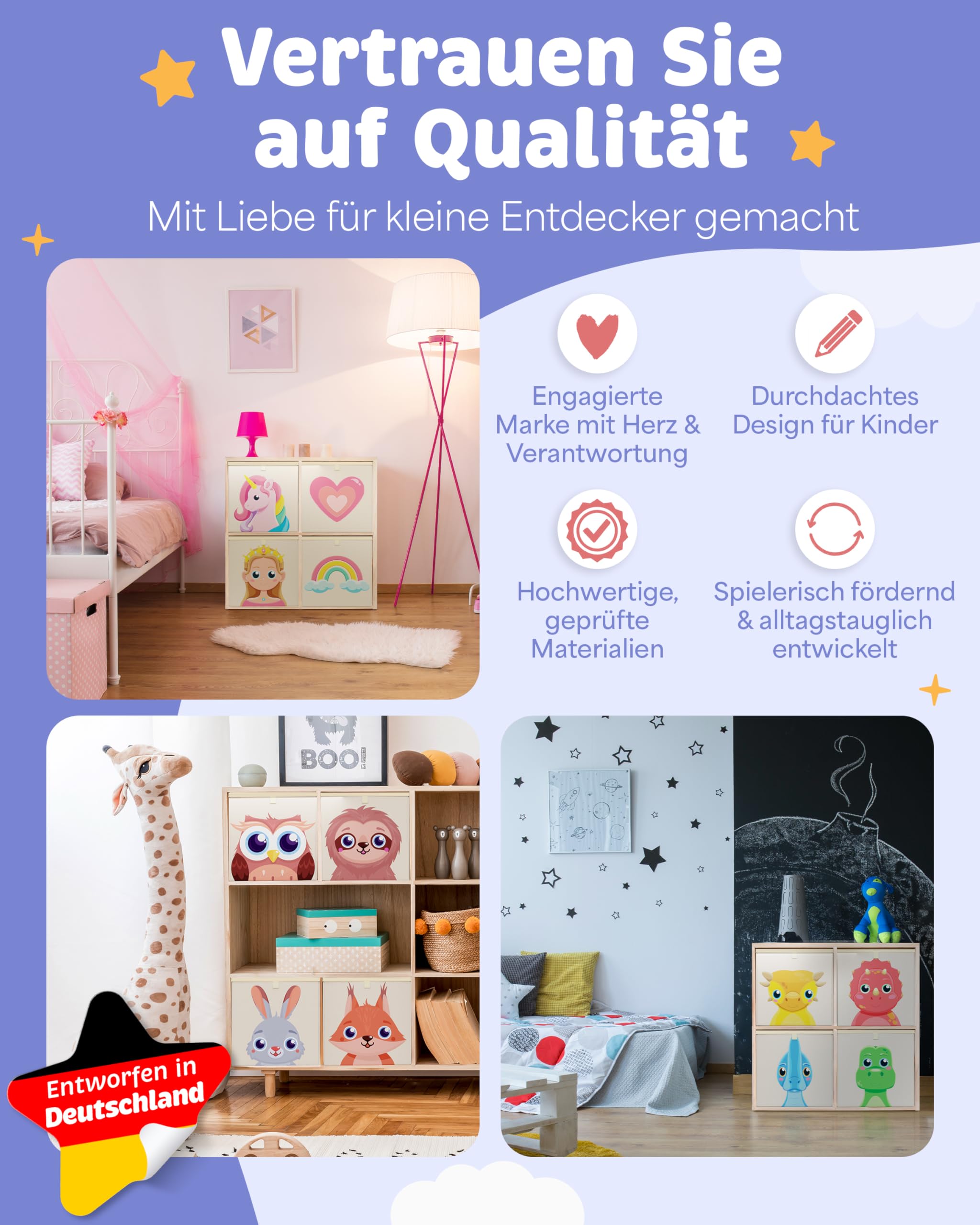 4er Set Aufbewahrungsboxen für Kinder - Passend für Kallax, Märchenmotive für Mädchen und Jungen, ideal für Spielzeug und Kinderzimmerregale