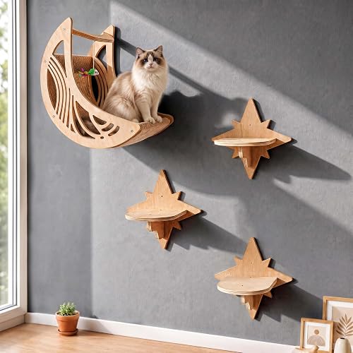 Moon & Star Cat Wall Shelves, Modern Wooden Cat Furniture