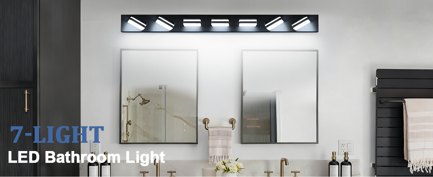 Image of Torondo 360 Rotate LED Bathroom Vanity Light Fixtures, Acrylic Vanity Lights for Bathroom, Modern Wall Lighting Fixtures Over Mirror Living, Matte Black, Natural White, 7-Light, 46-Inch