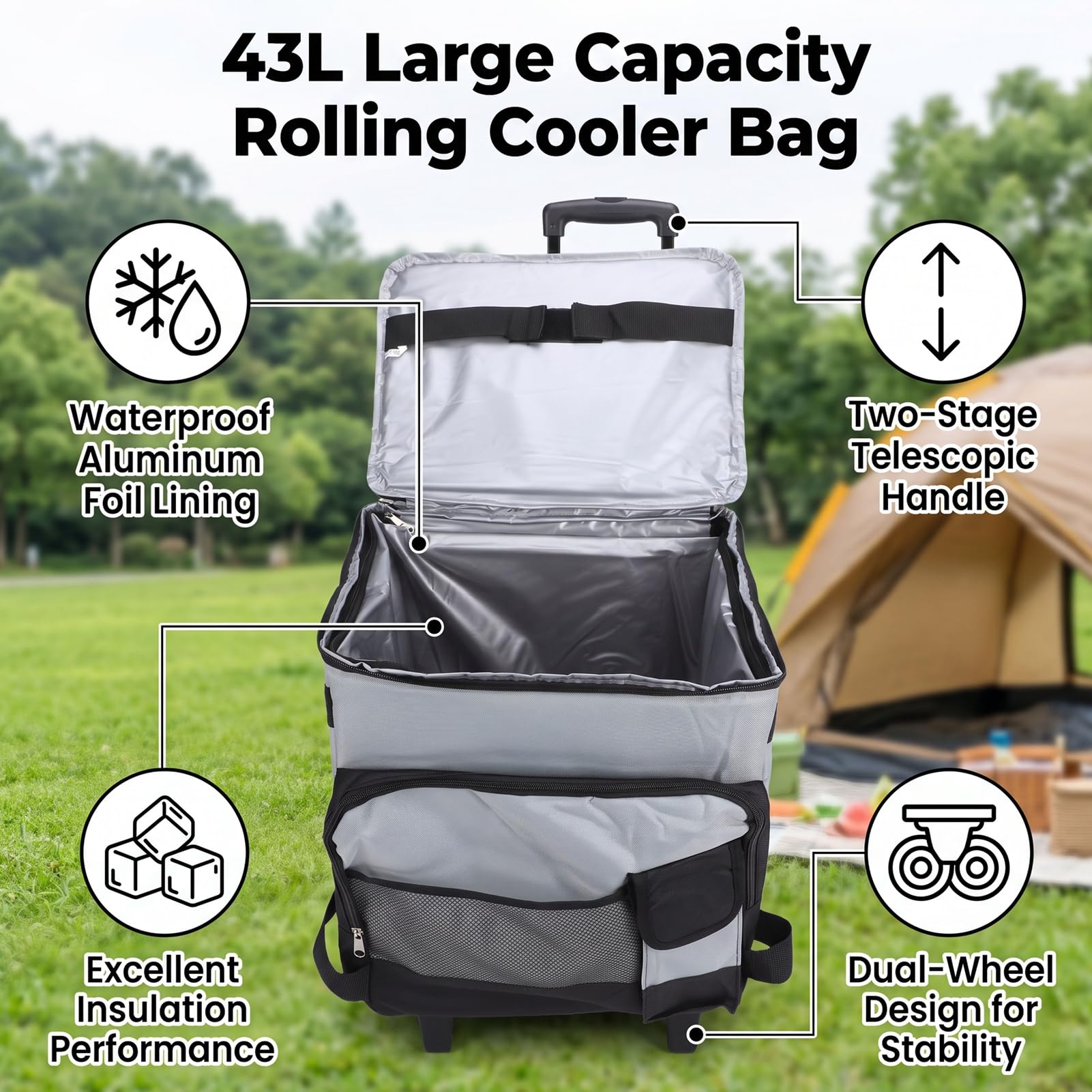 XUMIUZIY Bolsa Termica con Ruedas y Asa Ajustable de 43L