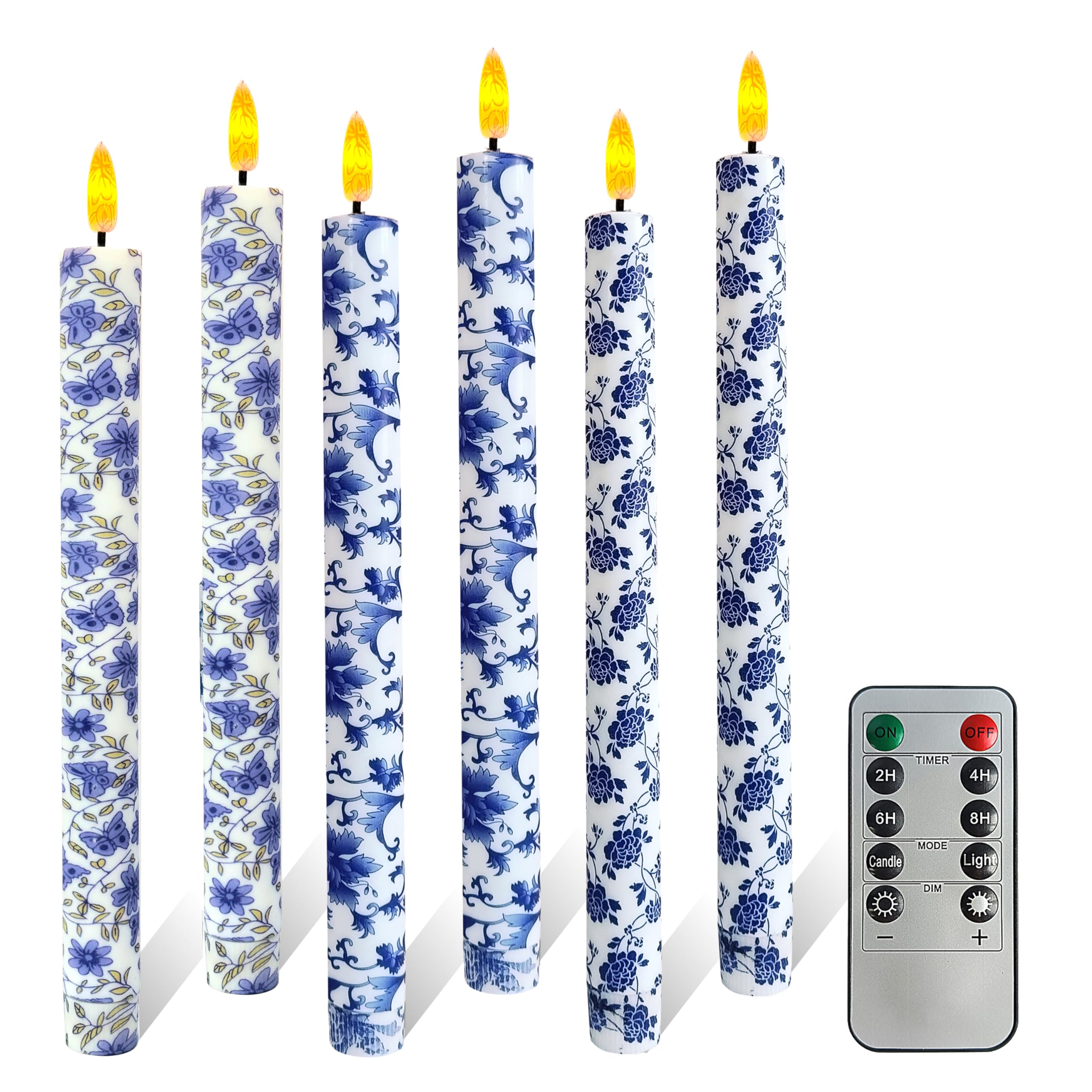 FCMSHAMD 6PCS Blue and White Porcelain Flameless Taper Candles, 9.5 Inch LED Candlesticks Battery Operated with 11-Key Remote and Timer, 3D Flickering Flame Lights for Wedding Party Home Decor Gifts