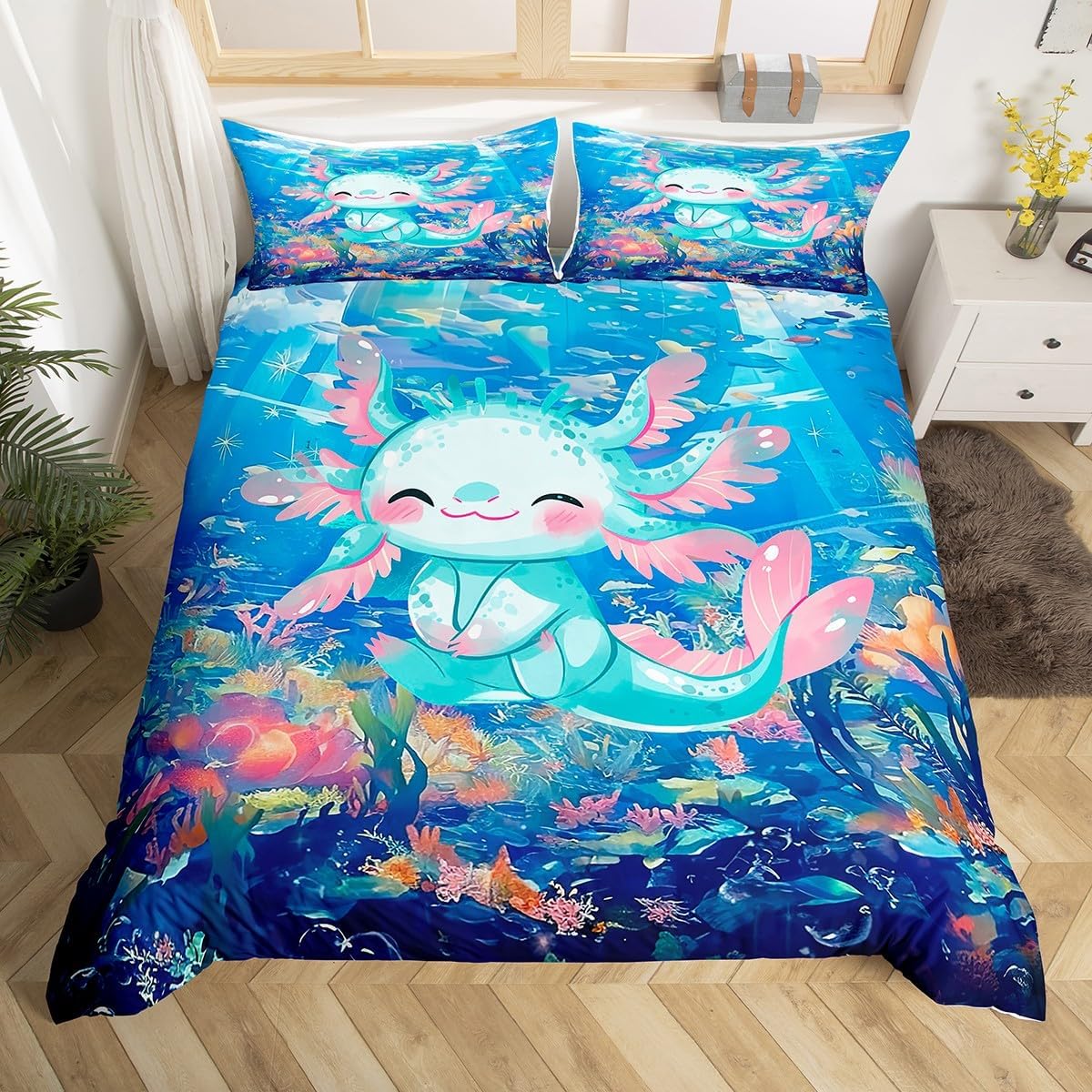 3D Axolotl Duvet Cover,Kawaii Marine Life Salamander Cartoon Print King Size Duvet Cover for Kids Adults,Watercolor Blue Undersea Ocean Soft Comforter Cover(No Filler) with Zipper Closure