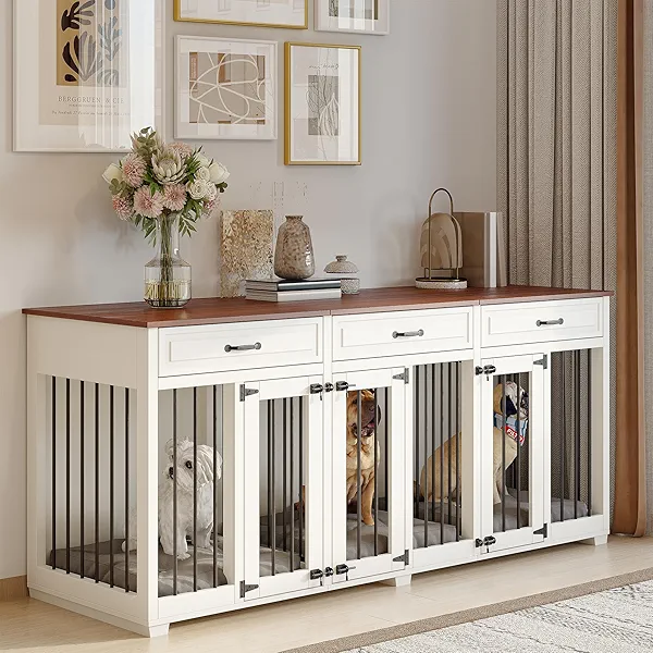 Dog Crate Furniture - Indoor Wooden Dog Kennel with 2 Dividers, 3 Drawers, and 3 Lockable Doors, 72"x23.6"x31.5"H, White