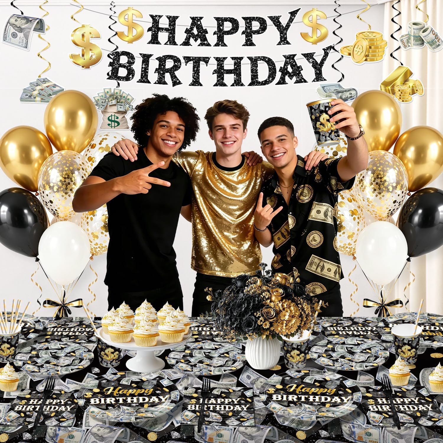 205 Pcs Money Birthday Decorations Serves 25 Guests – Disposable Tableware Set with Banner, Balloons, Cake Toppers, Plates, Napkins, Tablecloth - Easy Assembly Money Party Decorations
