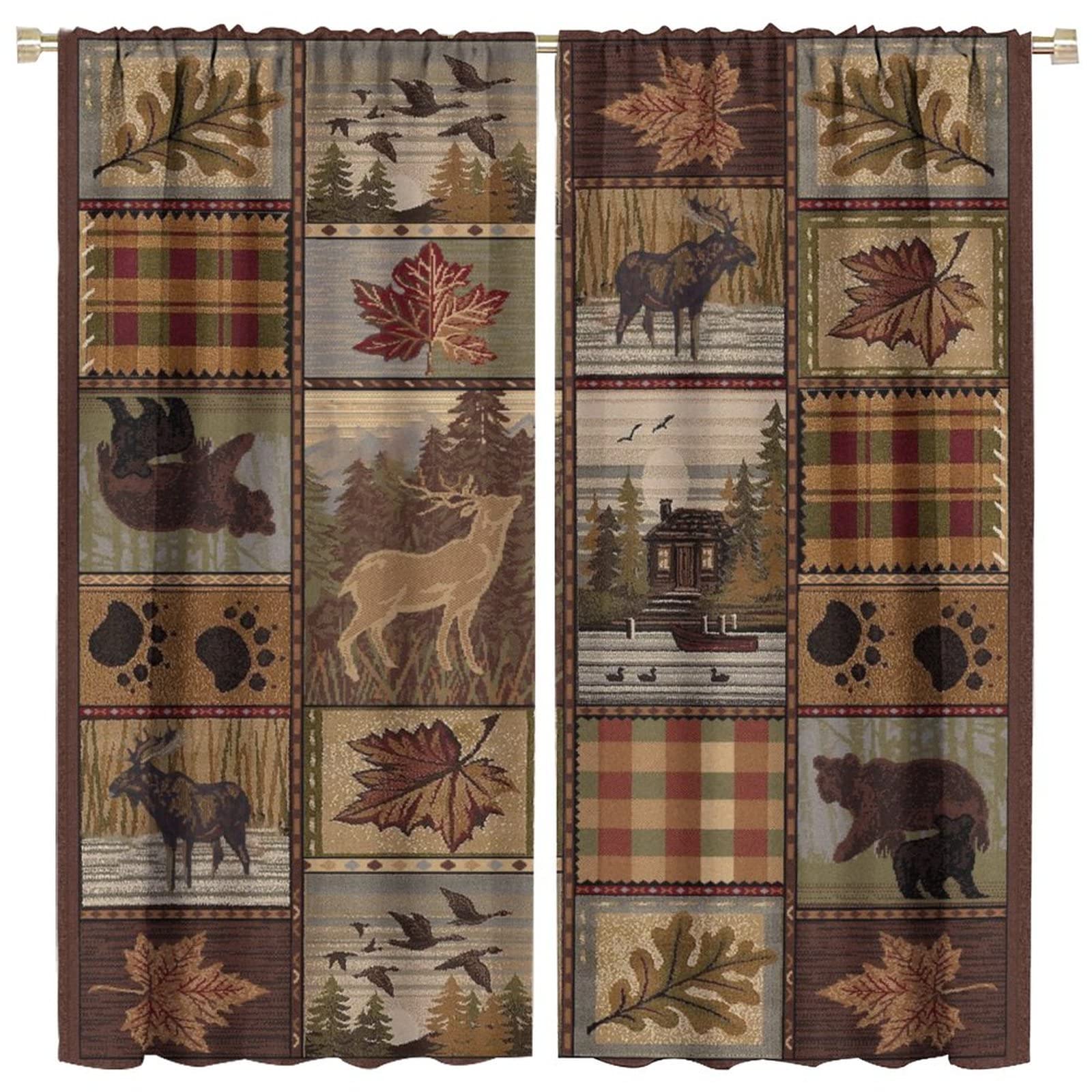 Kazynee Farmhouse Bear Moose Deer Rod Pocket Blackout Curtains for Living Room,Room Darkening Country Style Vintage Retro Rustic Lodge Bedroom