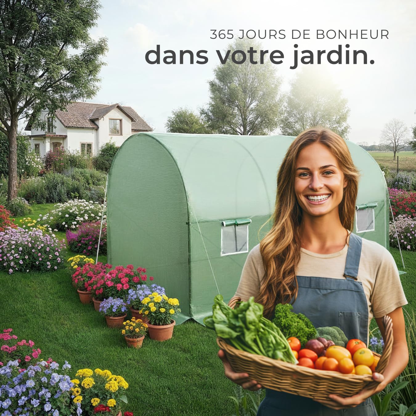tectake® Serre de Jardin 7m2 Tunnel en Acier Thermo-Laqué & Plastique Anti UV avec 6 Fenêtres Latérales pour Potager Exterieur Serre d'hivernage Tente Abri pour Plantes Serre à semis 343x200x200cm