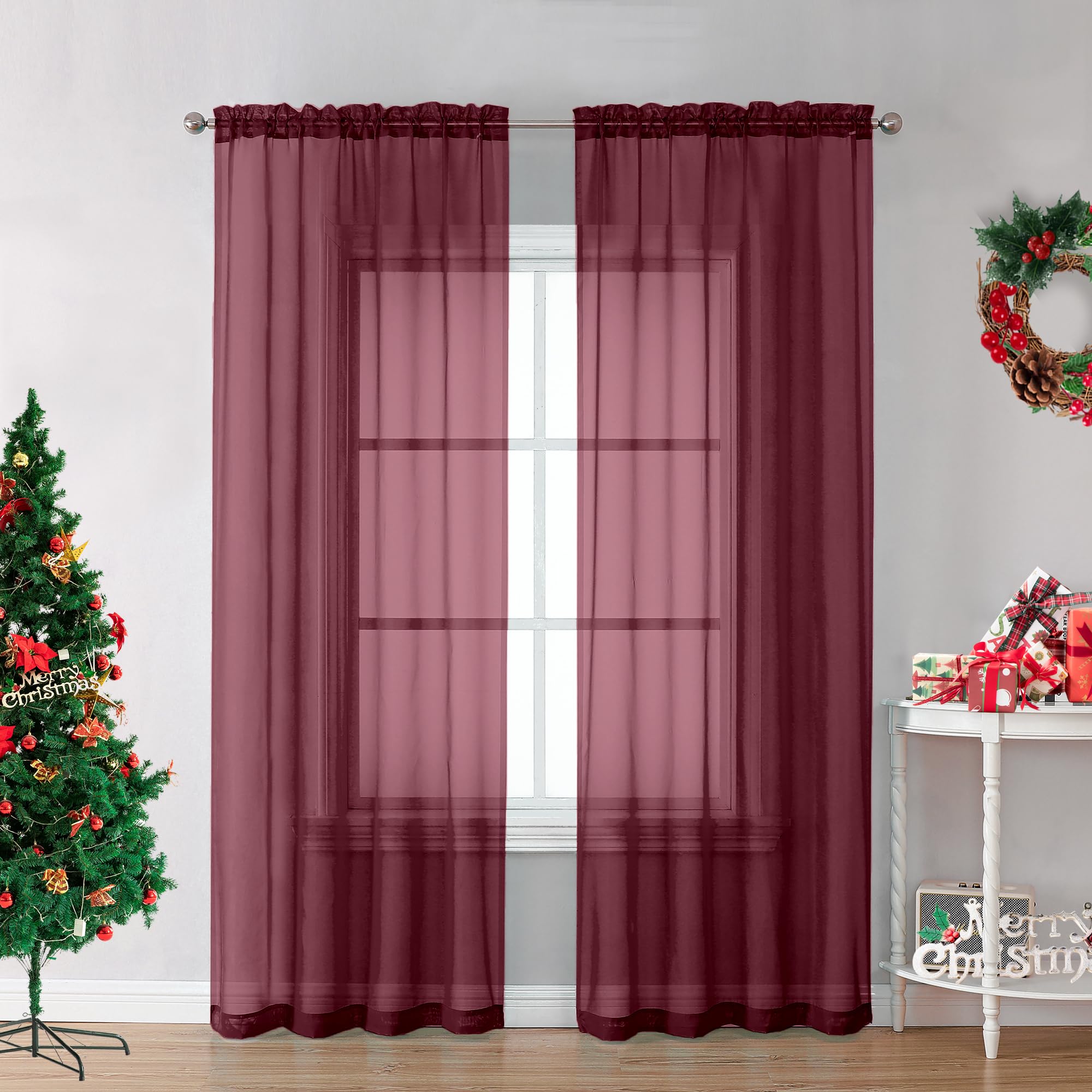 OVZME 2 Pieces Sheer Voile Curtains 84 inches Long-Lightweight Soft Window Treatment Panels for Master Room/Living Room, 2 Panels=84" W, Each W42 x L84, Burgundy